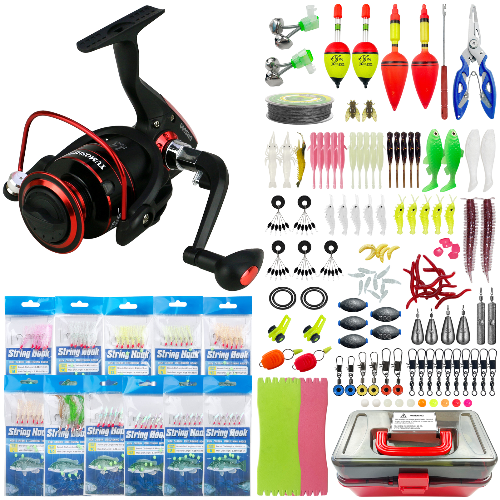 FREE FISHER 141pcs/Lot Baitcasting Reel Set,Rig Baits,Sinkers Swivels,Fishing Accessories Box,Floats PE Braid Line Soft Lures for Bass Perch