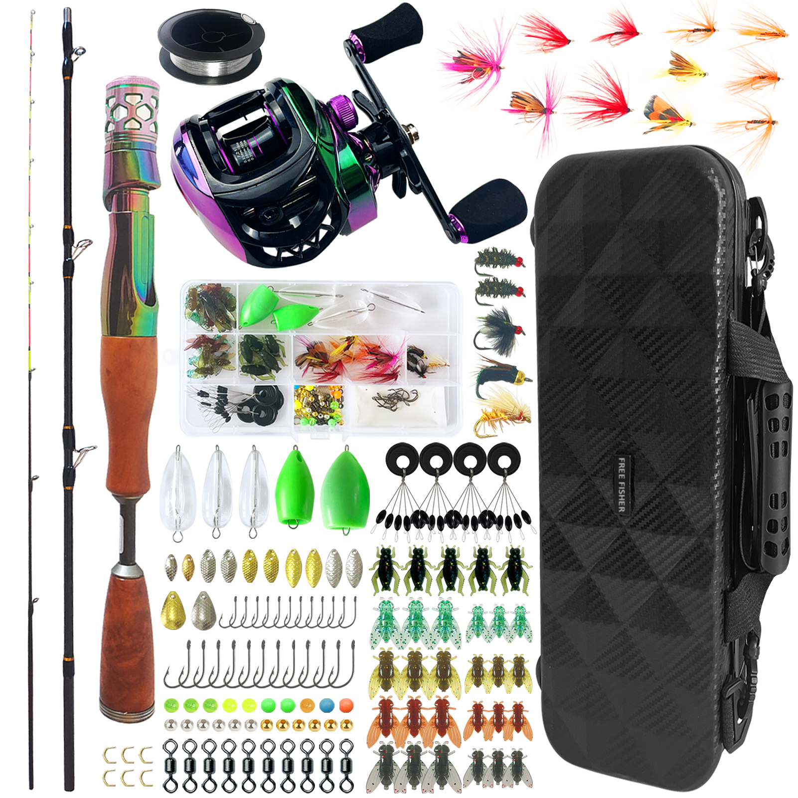 FREE FISHER Fishing Rod Reel Combo,7.2:1 Baitcasting Reel,Glass Fiber Ultralight 3-Section 1.13m Fishing Rod,Flies Baits + Fishing Gear Case