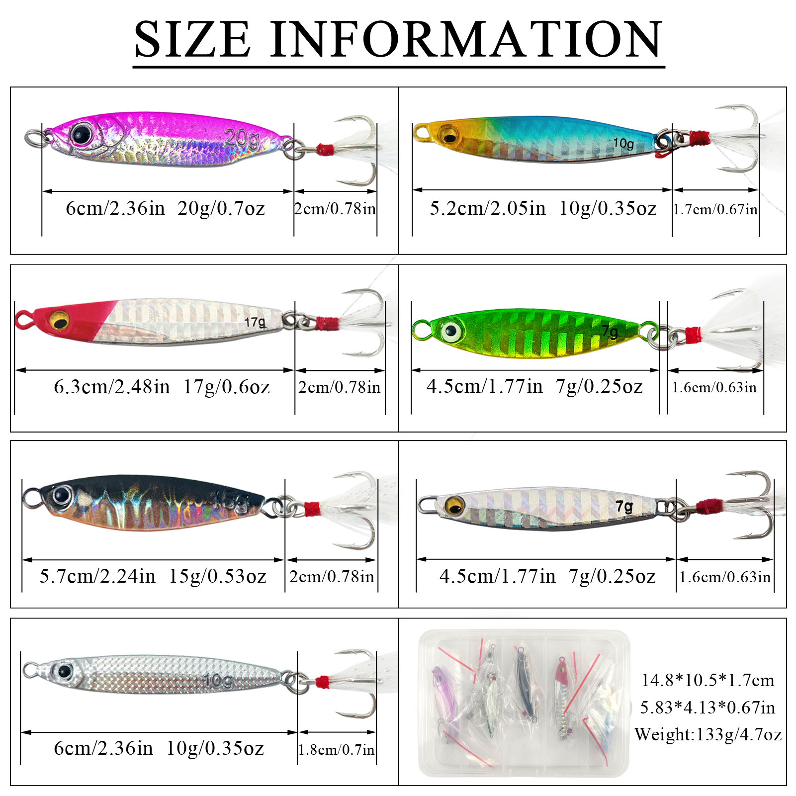 FREE FISHER Sea Fishing Sinking Lures Kit,7pcs Jig Baits Feather Treble Hook,7G/10G/15G/17G/20G Long Casting Saltwater Trolling VIB Artificial Bait