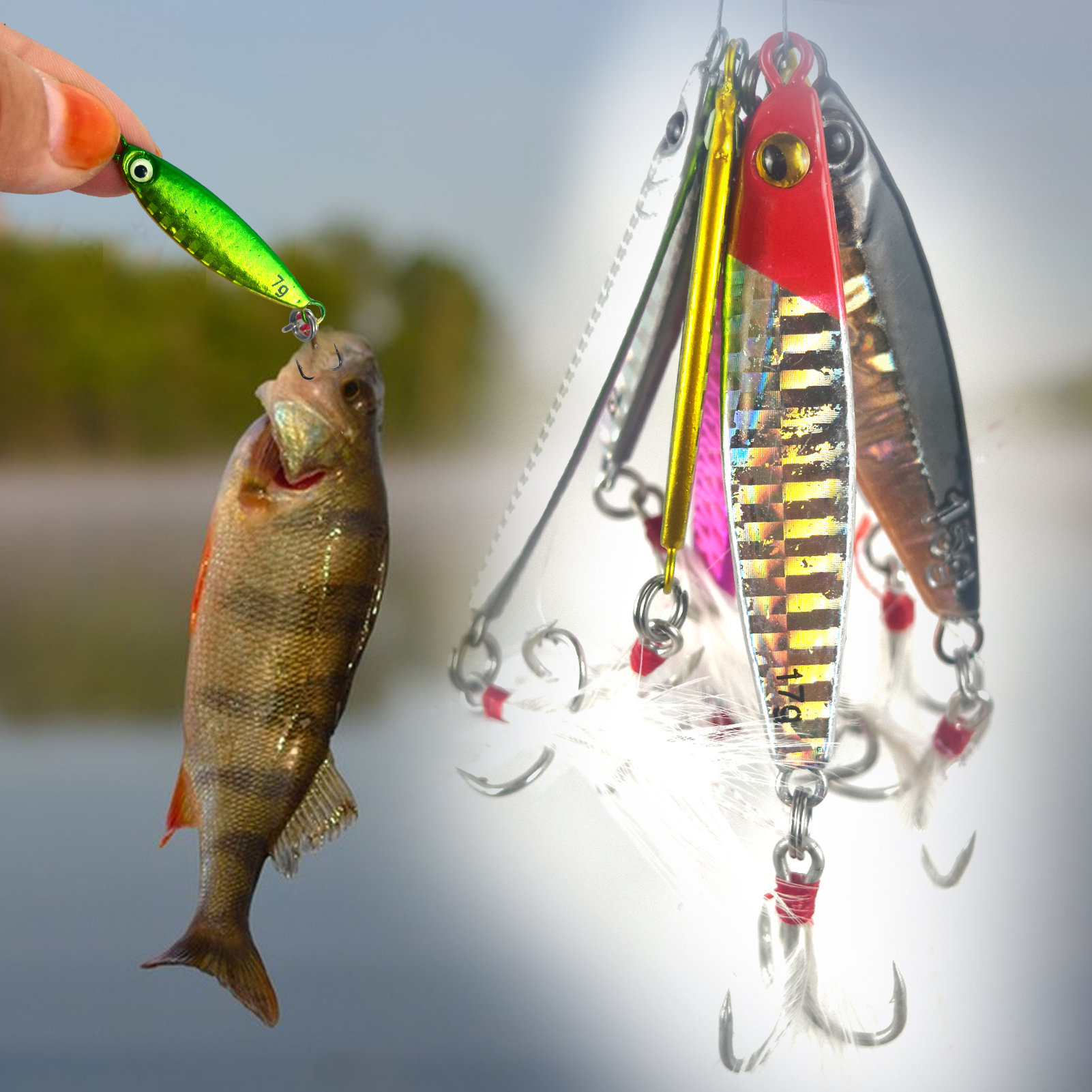 FREE FISHER Sea Fishing Sinking Lures Kit,7pcs Jig Baits Feather Treble Hook,7G/10G/15G/17G/20G Long Casting Saltwater Trolling VIB Artificial Bait