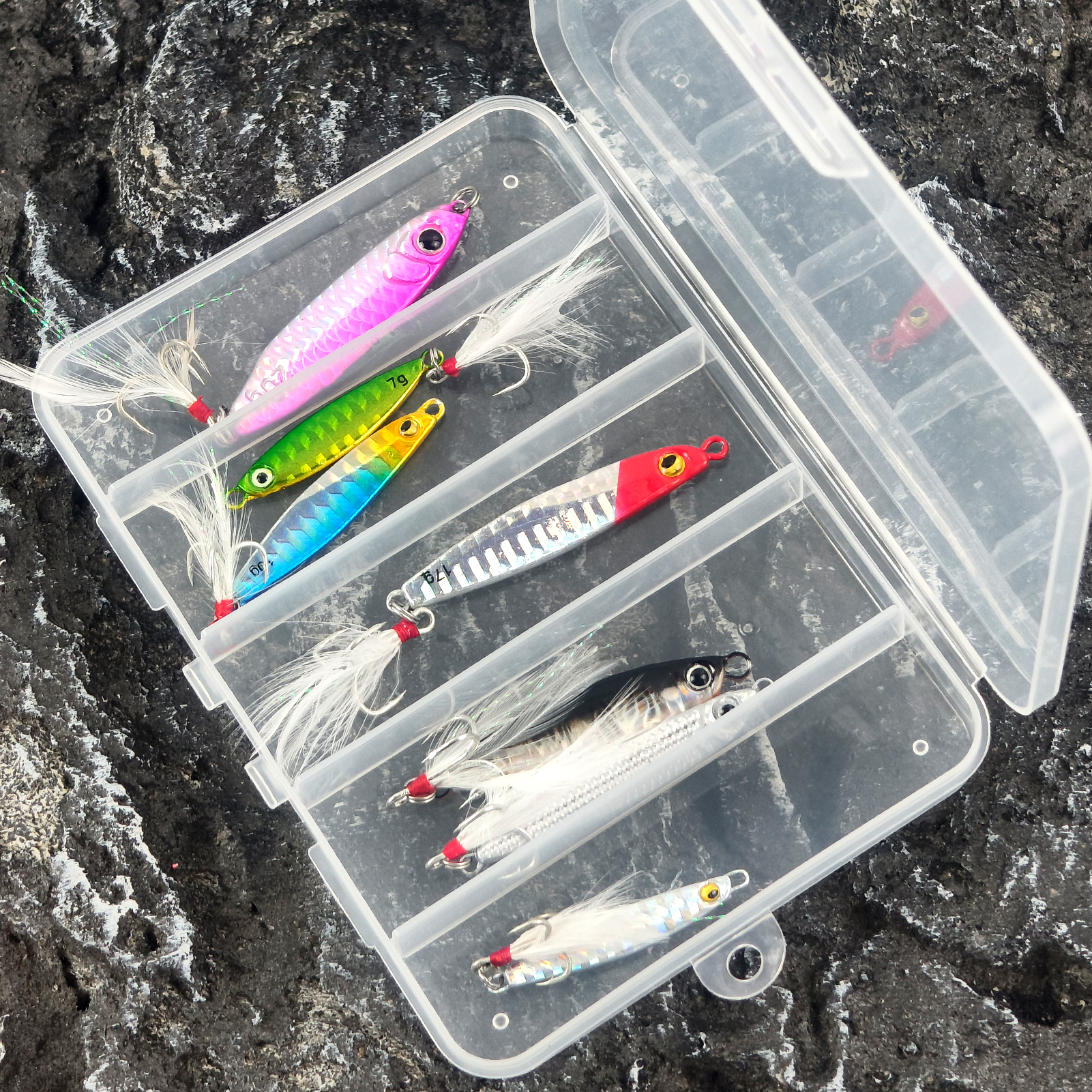 FREE FISHER Sea Fishing Sinking Lures Kit,7pcs Jig Baits Feather Treble Hook,7G/10G/15G/17G/20G Long Casting Saltwater Trolling VIB Artificial Bait