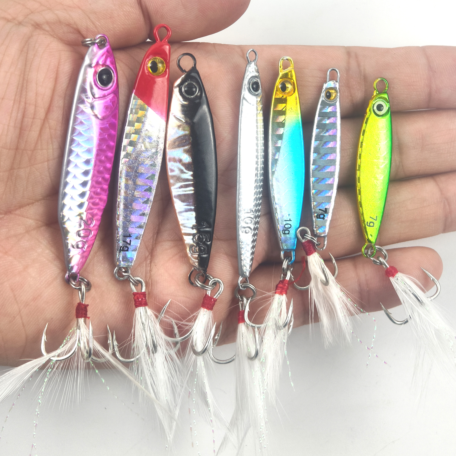 FREE FISHER Sea Fishing Sinking Lures Kit,7pcs Jig Baits Feather Treble Hook,7G/10G/15G/17G/20G Long Casting Saltwater Trolling VIB Artificial Bait