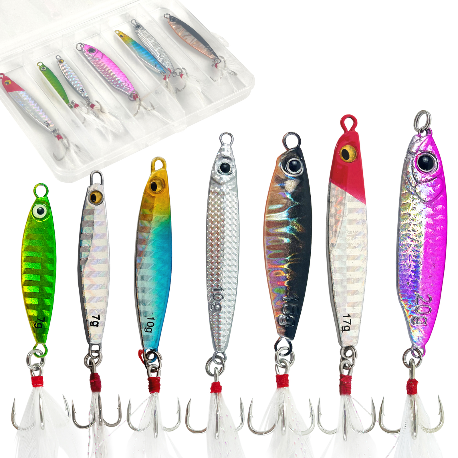 FREE FISHER Sea Fishing Sinking Lures Kit,7pcs Jig Baits Feather Treble Hook,7G/10G/15G/17G/20G Long Casting Saltwater Trolling VIB Artificial Bait