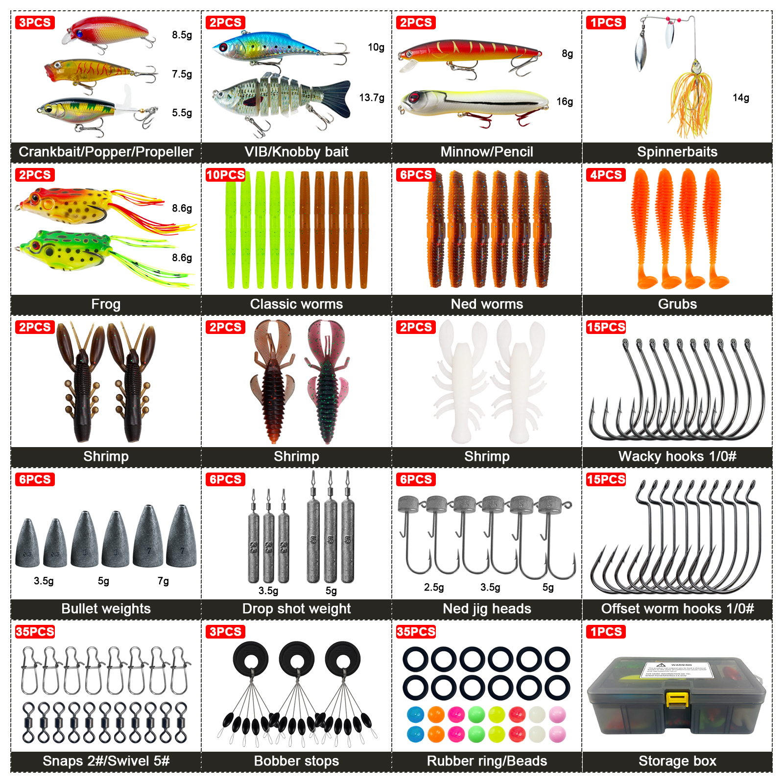 FREE FISHER Bass Fishing Kit,158pcs/Lot Fishing Lures Set with Box,Soft Worms Hard Baits,Mixed Swimbait,Sinkers Snap Accessories