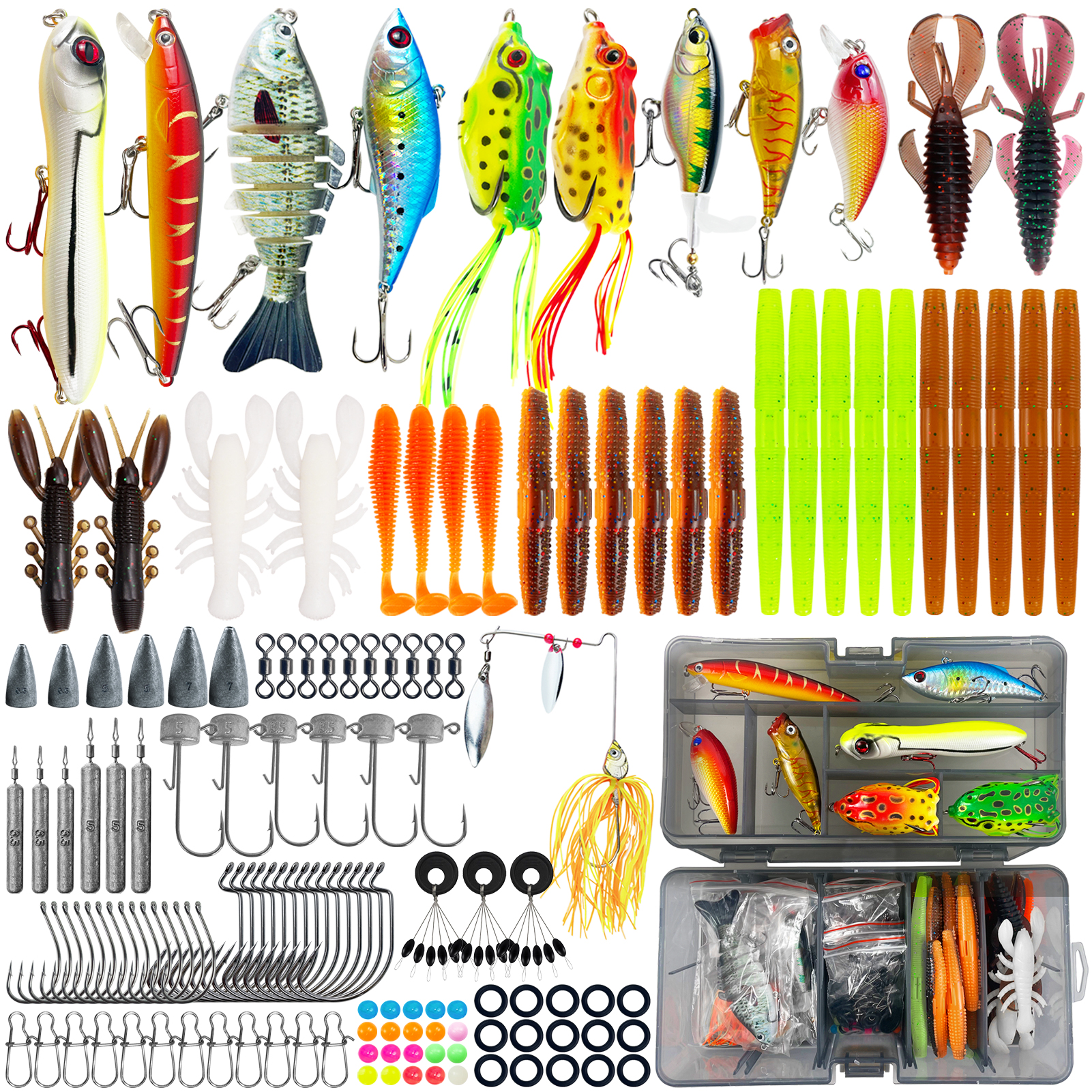 FREE FISHER Bass Fishing Kit,158pcs/Lot Fishing Lures Set with Box,Soft Worms Hard Baits,Mixed Swimbait,Sinkers Snap Accessories