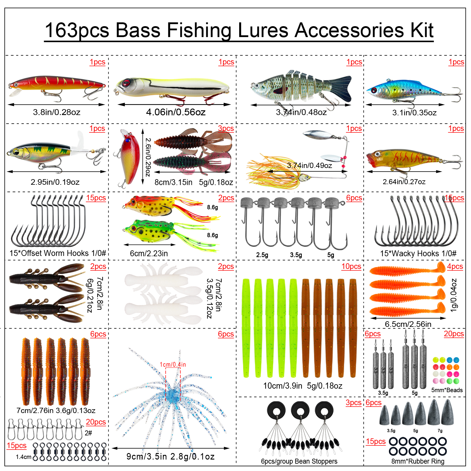 FREE FISHER Bass Lures Kit,165pcs/Box Soft Worms Sea Urchin Bait,Mixed Swimbait Fishing Weights Ned Hooks Jerkbaits Forgs Set