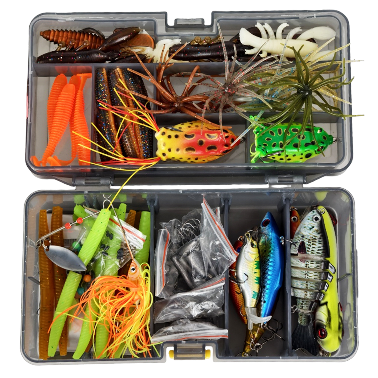 FREE FISHER Bass Lures Kit,165pcs/Box Soft Worms Sea Urchin Bait,Mixed Swimbait Fishing Weights Ned Hooks Jerkbaits Forgs Set