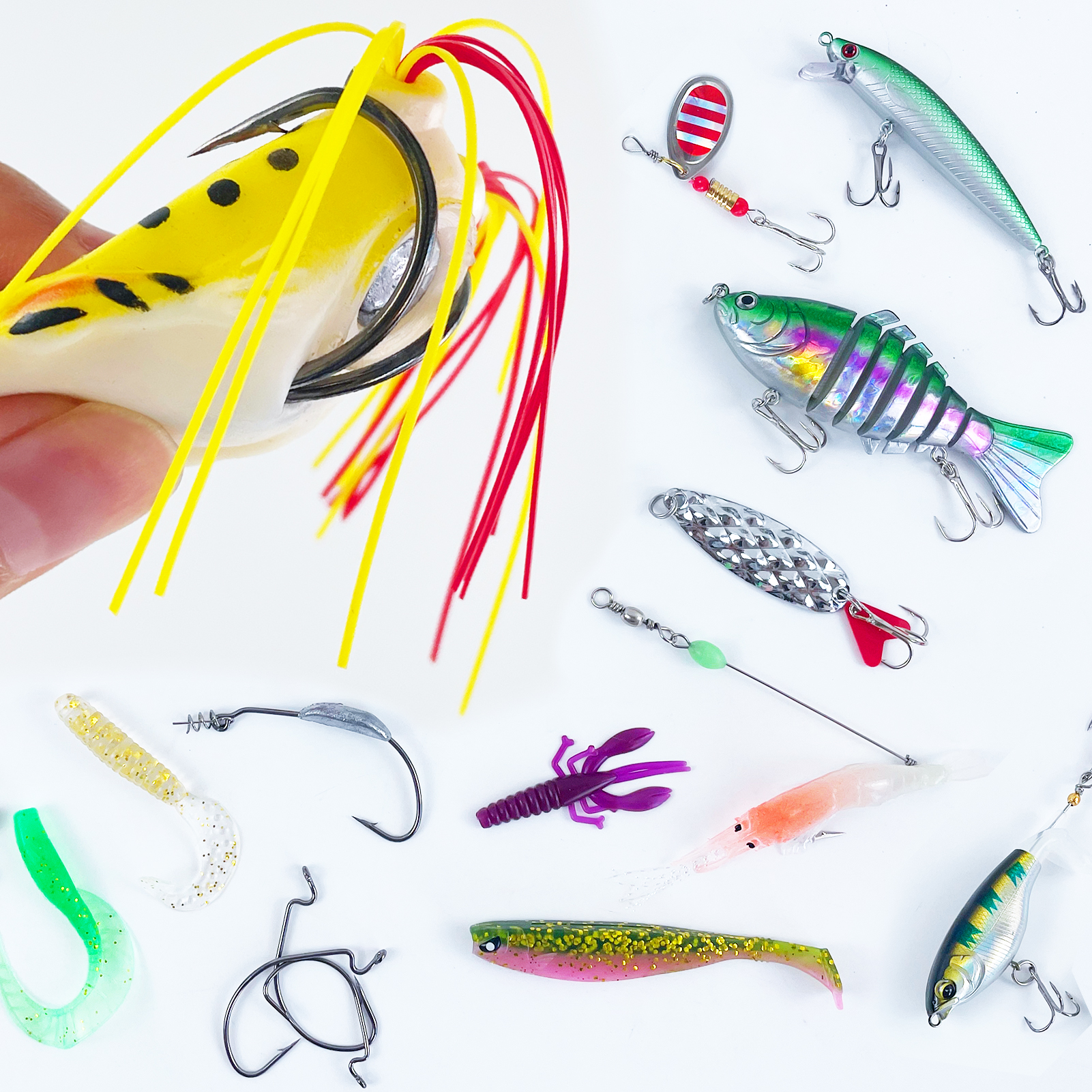 FREE FISHER Fishing Bass Set,Jerkbaits Hard Lures,Soft Worms Spinner Spoon Baits,Fishing Weights Hooks,Accessories Tackle Box(Pack of 77)