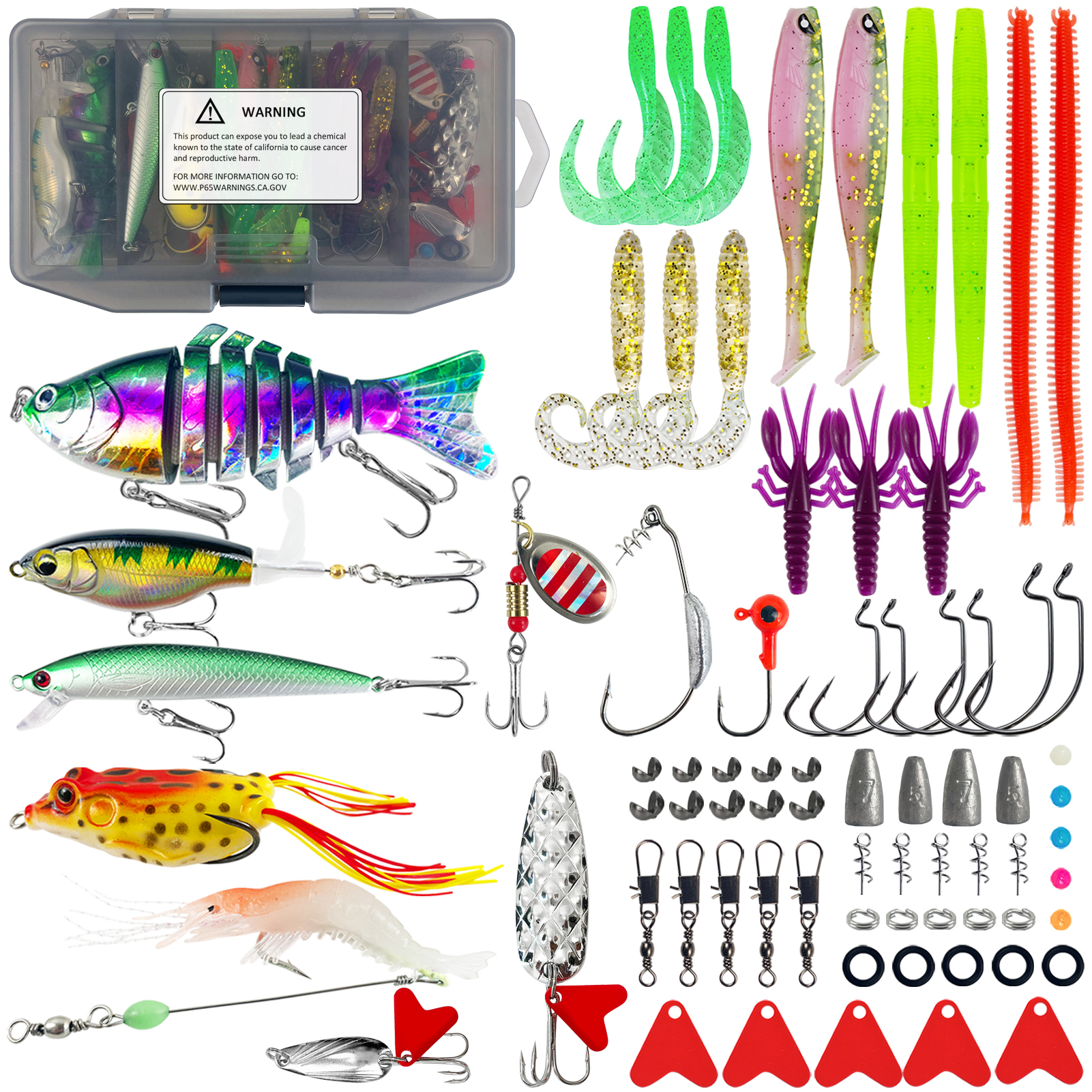 FREE FISHER Fishing Bass Set,Jerkbaits Hard Lures,Soft Worms Spinner Spoon Baits,Fishing Weights Hooks,Accessories Tackle Box(Pack of 77)