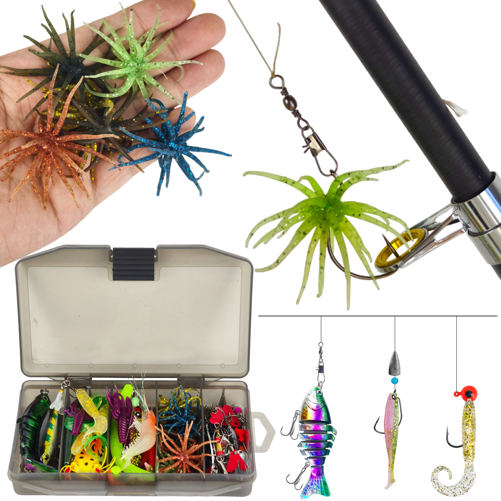 FREE FISHER 82pcs/Box Bass Fishing Lures Kit,Jerkbaits Sea Urchin Bait,Soft Worms Spinner Spoon Lure,Fishing Weights Accessories