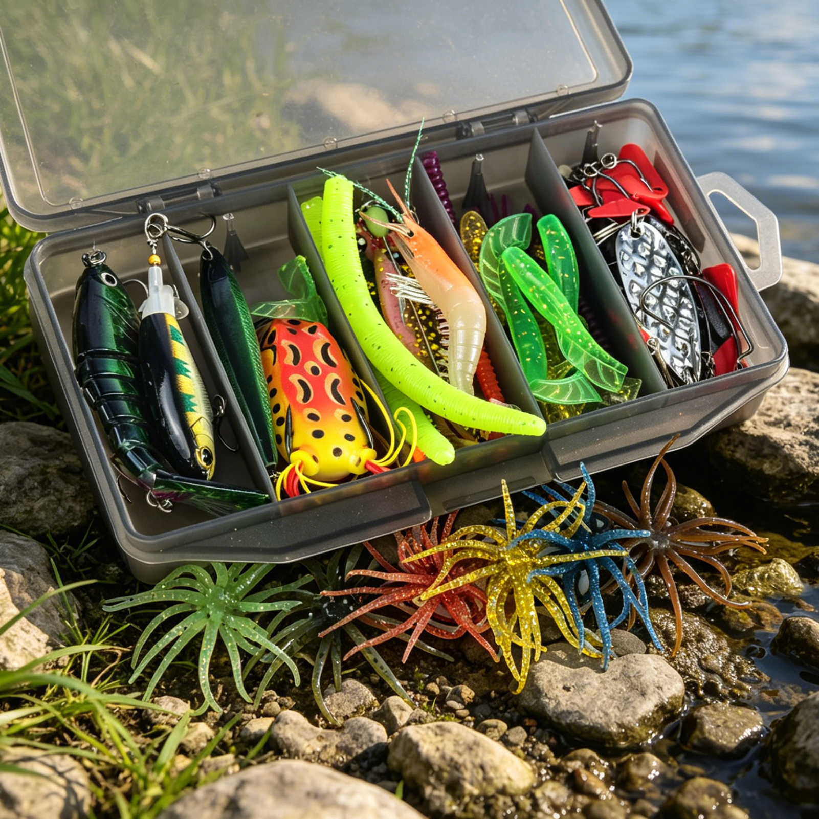 FREE FISHER 82pcs/Box Bass Fishing Lures Kit,Jerkbaits Sea Urchin Bait,Soft Worms Spinner Spoon Lure,Fishing Weights Accessories