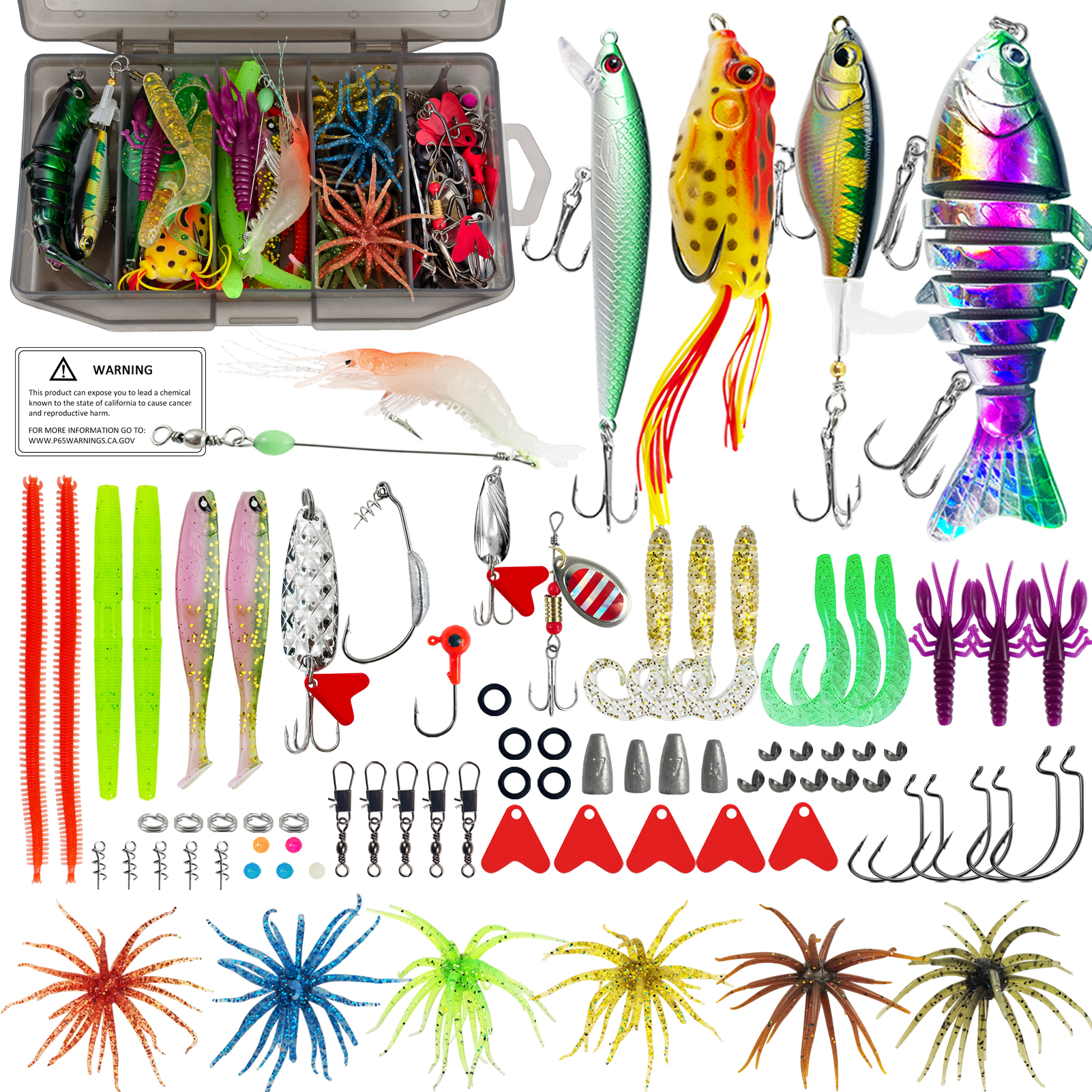 FREE FISHER 82pcs/Box Bass Fishing Lures Kit,Jerkbaits Sea Urchin Bait,Soft Worms Spinner Spoon Lure,Fishing Weights Accessories