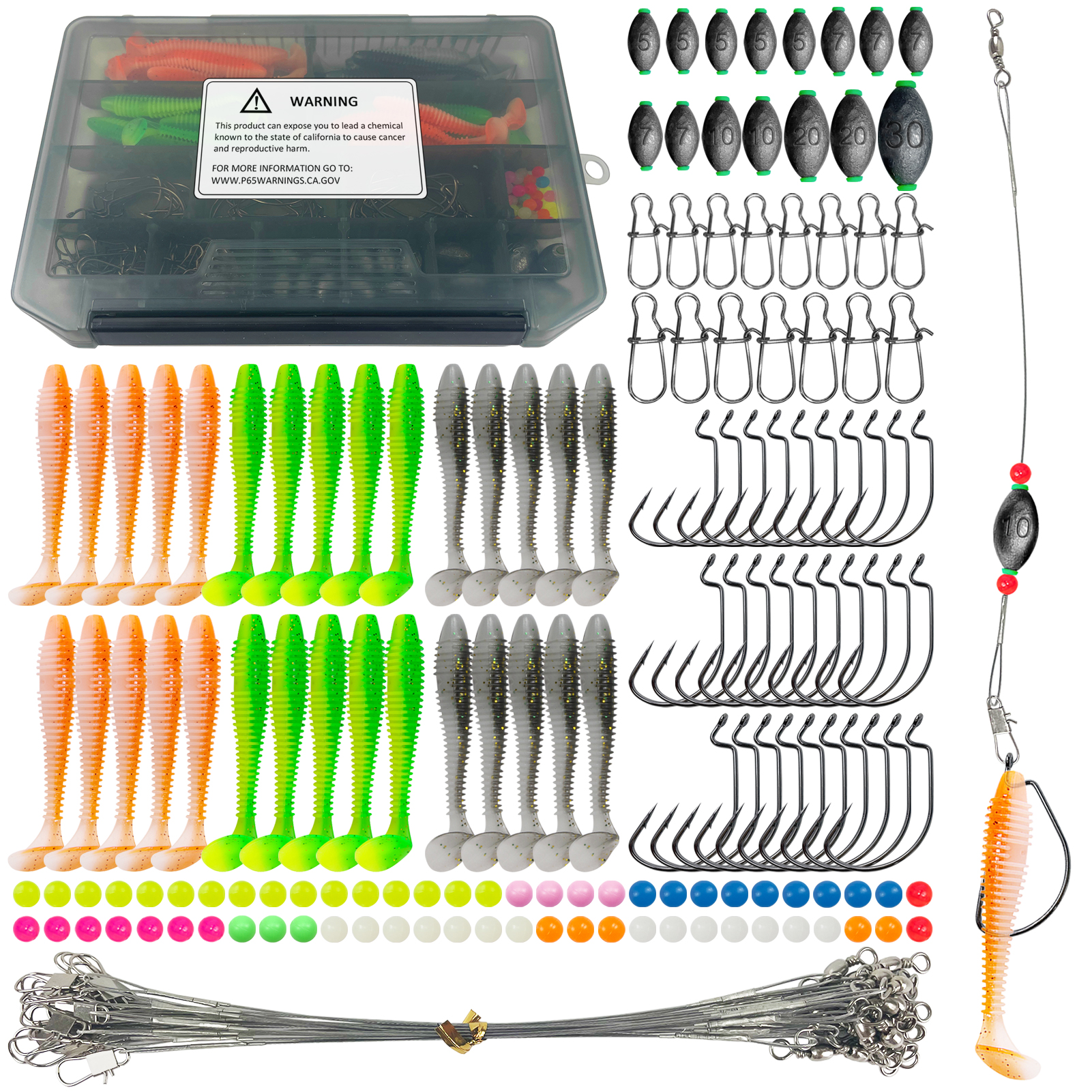 FREE FISHER 186pcs/Box Fishing Sinker Rigs Kit,DIY Bottom Fishing Weight Rig Baits,Saltwater Steel Leader Line with Accessories