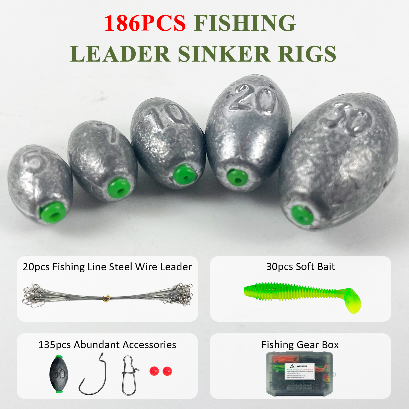 FREE FISHER 186pcs/Box Fishing Sinker Rigs Kit,DIY Bottom Fishing Weight Rig Baits,Saltwater Steel Leader Line with Accessories