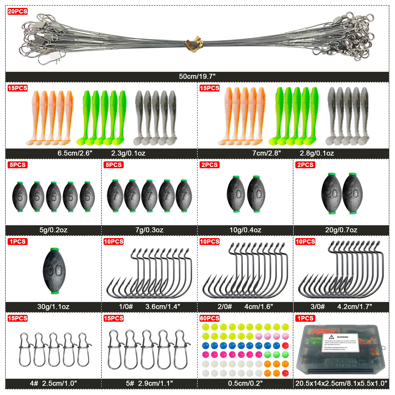 FREE FISHER 186pcs/Box Fishing Sinker Rigs Kit,DIY Bottom Fishing Weight Rig Baits,Saltwater Steel Leader Line with Accessories