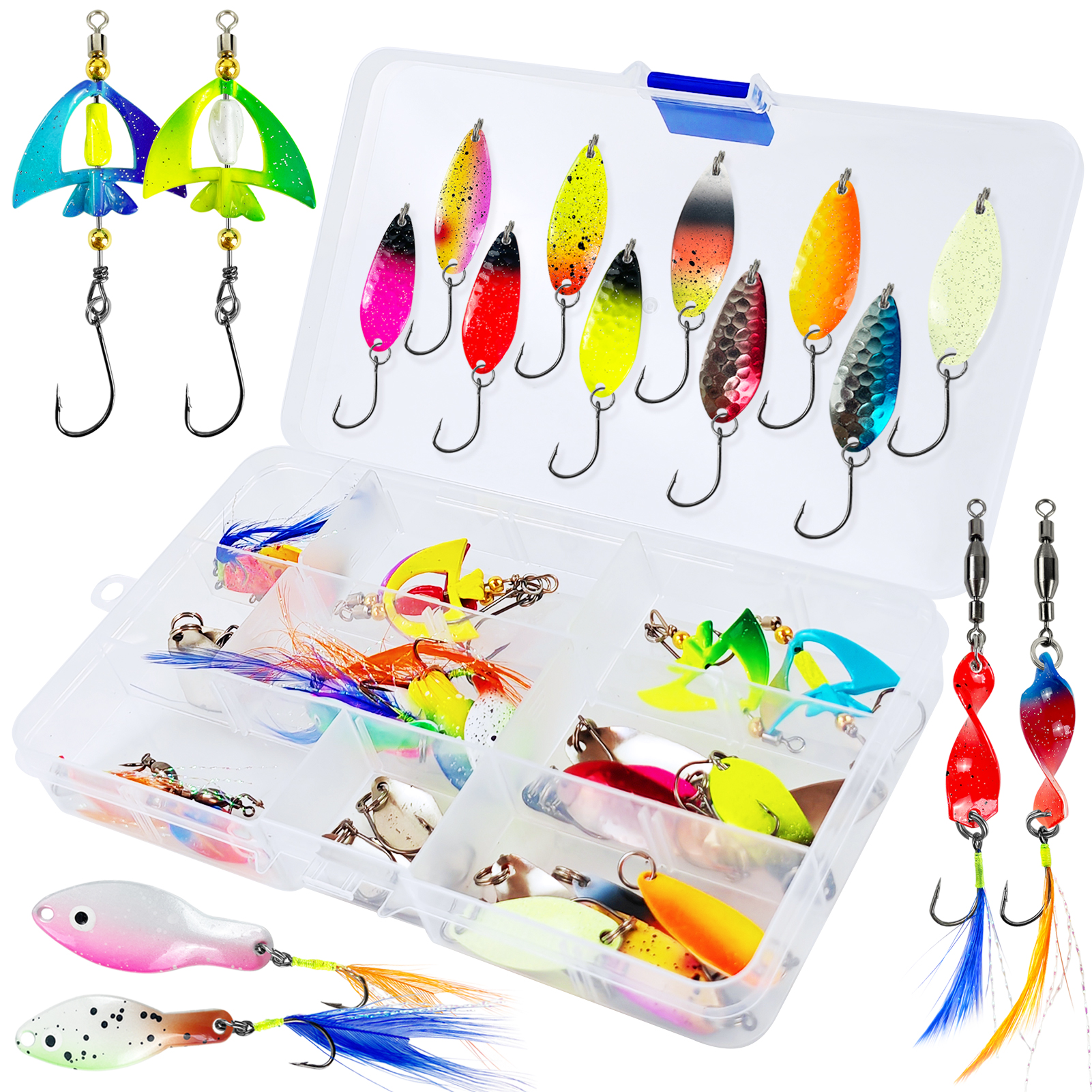 FREE FISHER 26pcs/Box Fishing Spinnerbaits Kit,Metal Spoon Lures,Feather Hooks Spinners,Mixed Sequins Baits for Bass/Pike/Trout