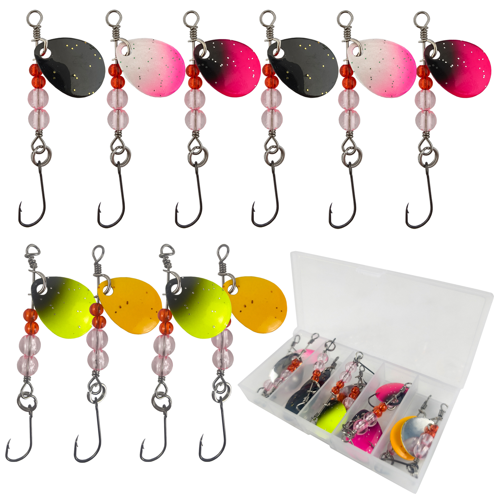 FREE FISHER Trout Spinnerbaits Kit,10pcs Fishing Metal Spoon Lures,6.5cm/2.56in 2/0.07oz Colorful Spinners,Mixed Sequins Baits for Bass/Pike