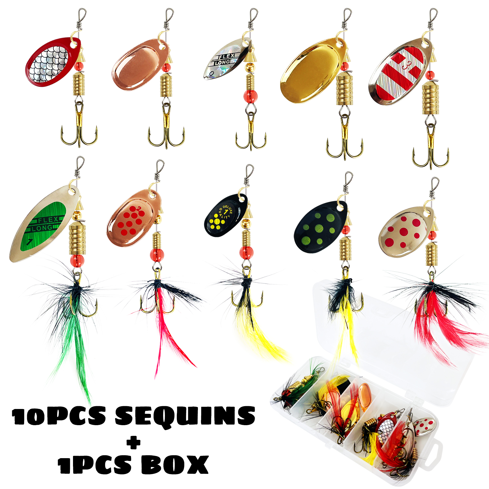 FREE FISHER Spinner Baits Kit with Box,10pcs Roation Composite Sequins,3.2-6.8g Mixed Fishing Spinnerbaits for Perch/Trout/Bass