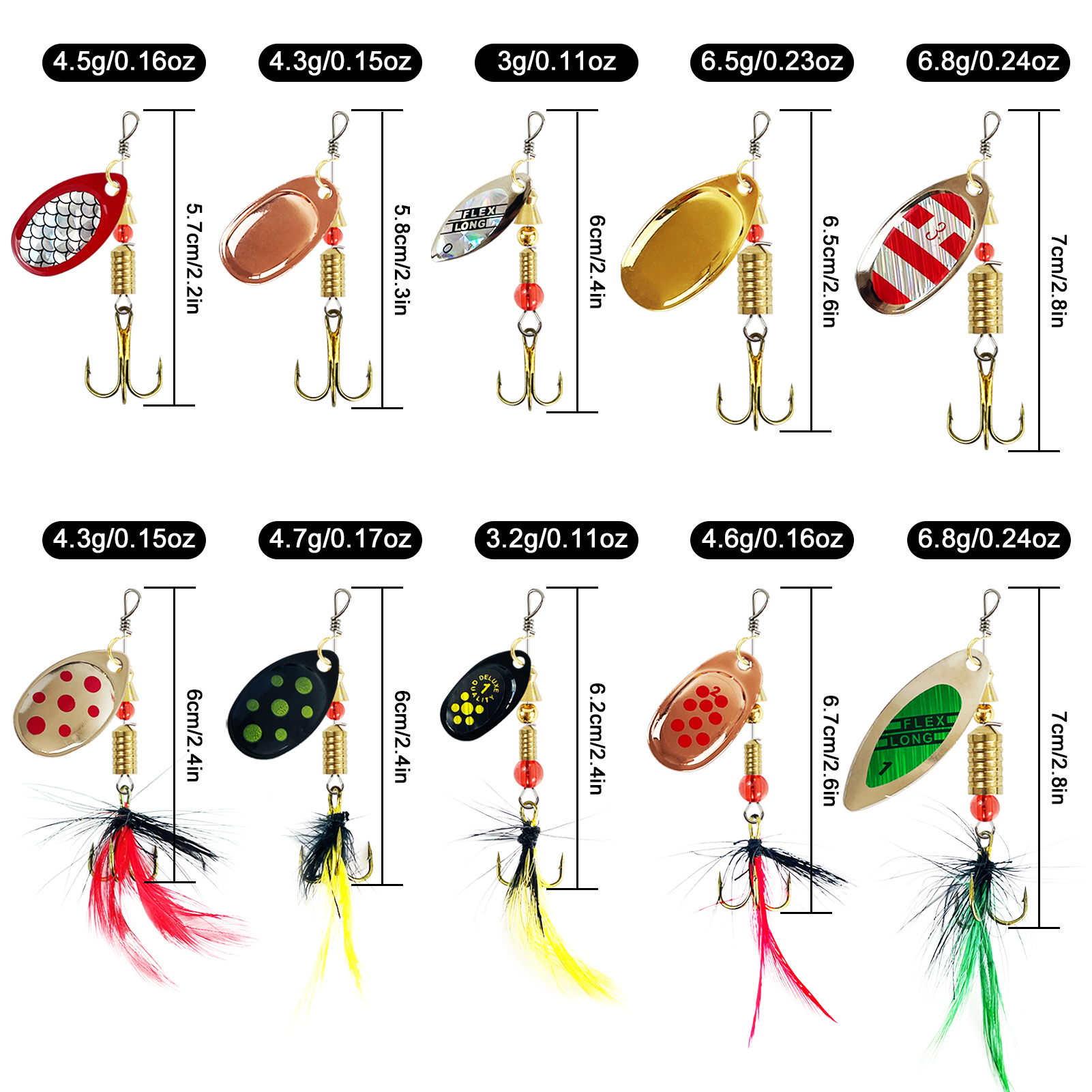 FREE FISHER Spinner Baits Kit with Box,10pcs Roation Composite Sequins,3.2-6.8g Mixed Fishing Spinnerbaits for Perch/Trout/Bass