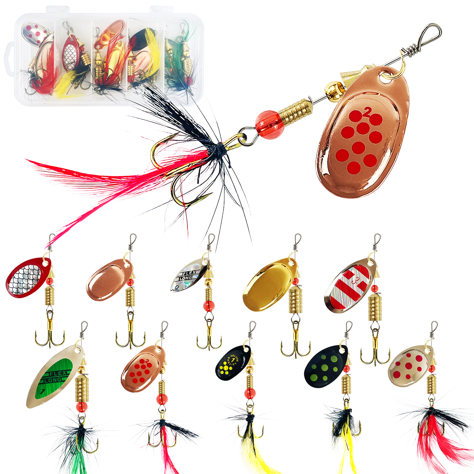FREE FISHER Spinner Baits Kit with Box,10pcs Roation Composite Sequins,3.2-6.8g Mixed Fishing Spinnerbaits for Perch/Trout/Bass