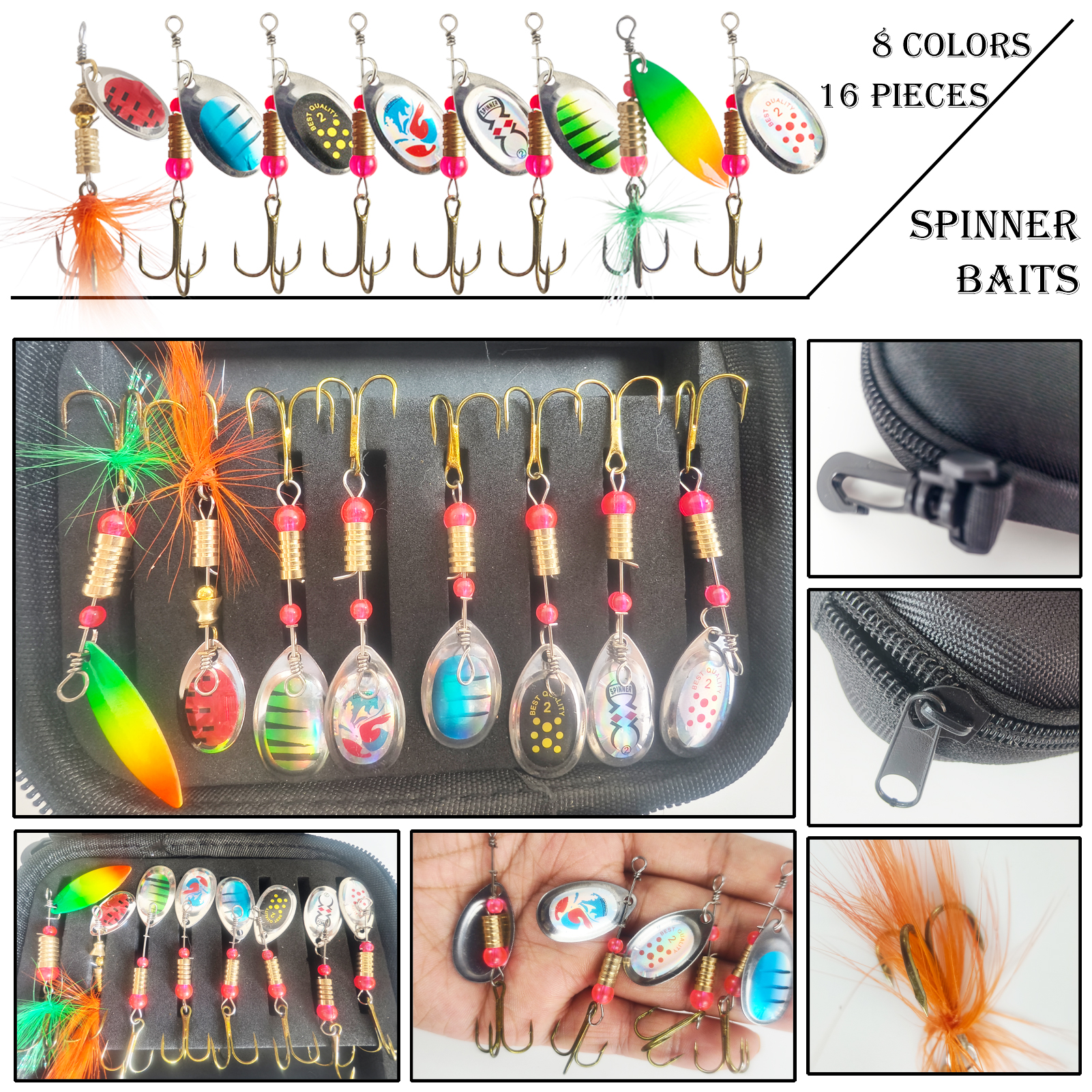 FREE FISHER 16pcs/Pack Fishing Spinnerbaits,3g Metal Composite Spoon Lures,EVA Storage Case,Trout Bass Pike Sequin Spinner Baits