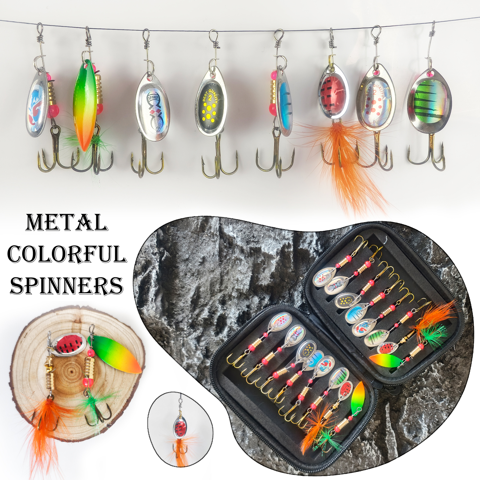 FREE FISHER 16pcs/Pack Fishing Spinnerbaits,3g Metal Composite Spoon Lures,EVA Storage Case,Trout Bass Pike Sequin Spinner Baits