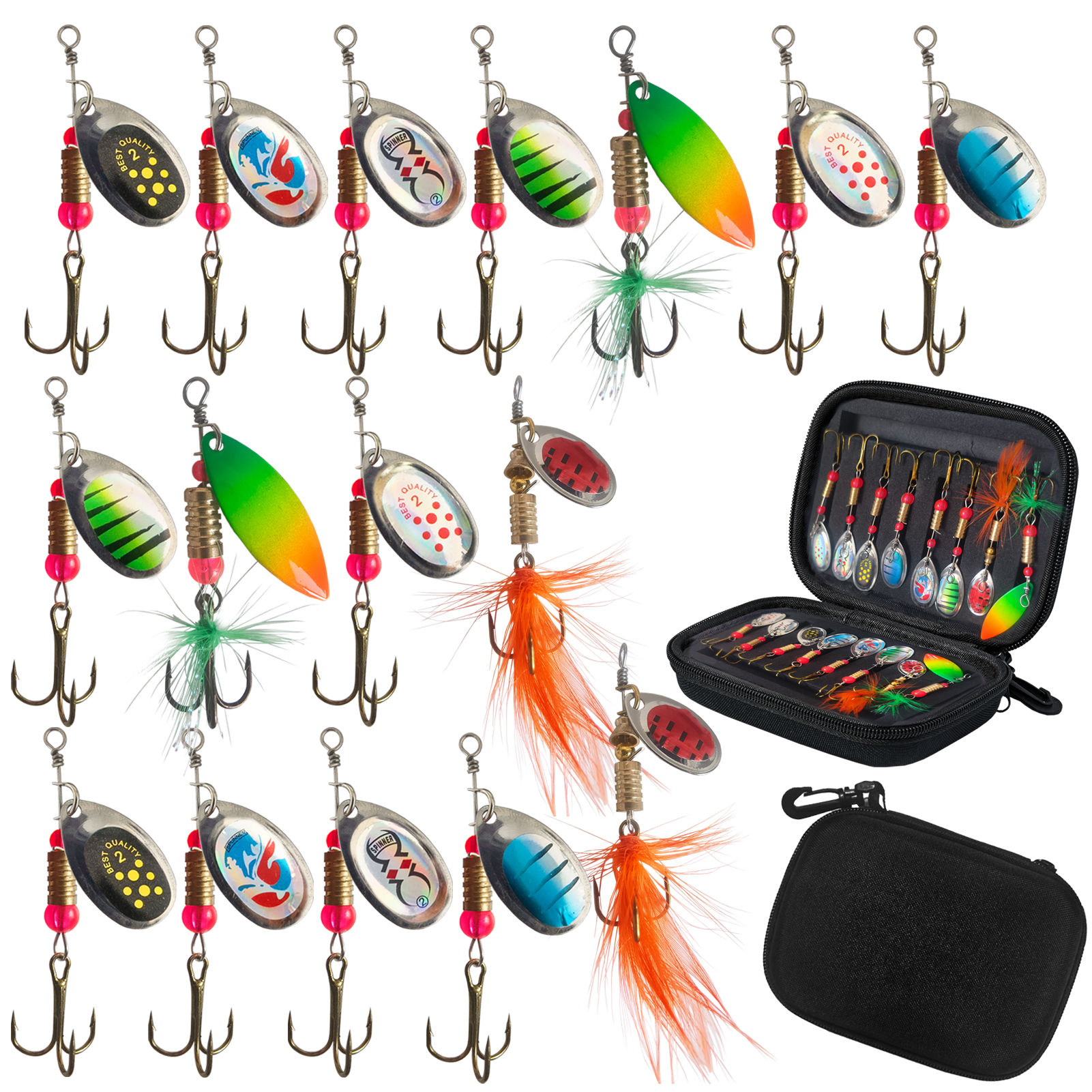 FREE FISHER 16pcs/Pack Fishing Spinnerbaits,3g Metal Composite Spoon Lures,EVA Storage Case,Trout Bass Pike Sequin Spinner Baits