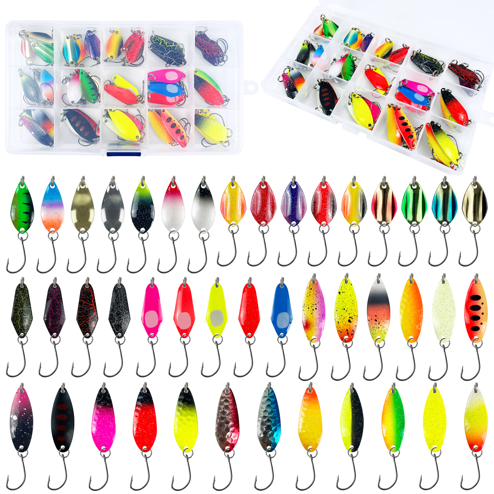 FREE FISHER 43pcs/Lot Fishing Spoon Lures with Box,Mixed Metal Spoon Spinner Trout Bait,Wobbler Casting Jigging Perch Bass Fishing Tackle