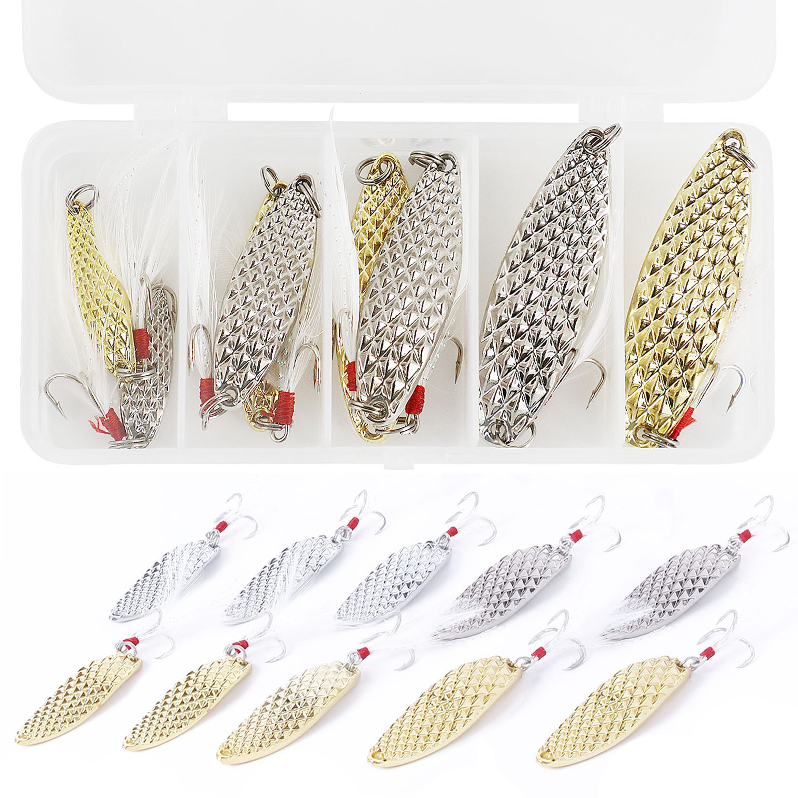 FREE FISHER Fishing Artificial VIB Lures,Spoons Metal Jigs Bait,5-20g MIxed Size Fish Lures with Treble Hook for Trout Pike Bass(Pack of 10)