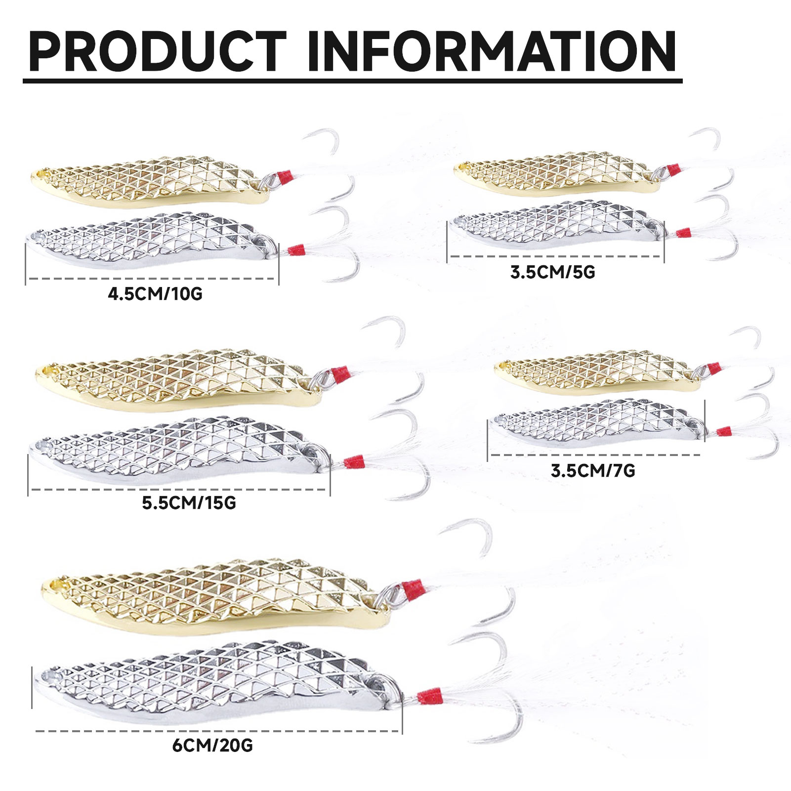 FREE FISHER Fishing Artificial VIB Lures,Spoons Metal Jigs Bait,5-20g MIxed Size Fish Lures with Treble Hook for Trout Pike Bass(Pack of 10)