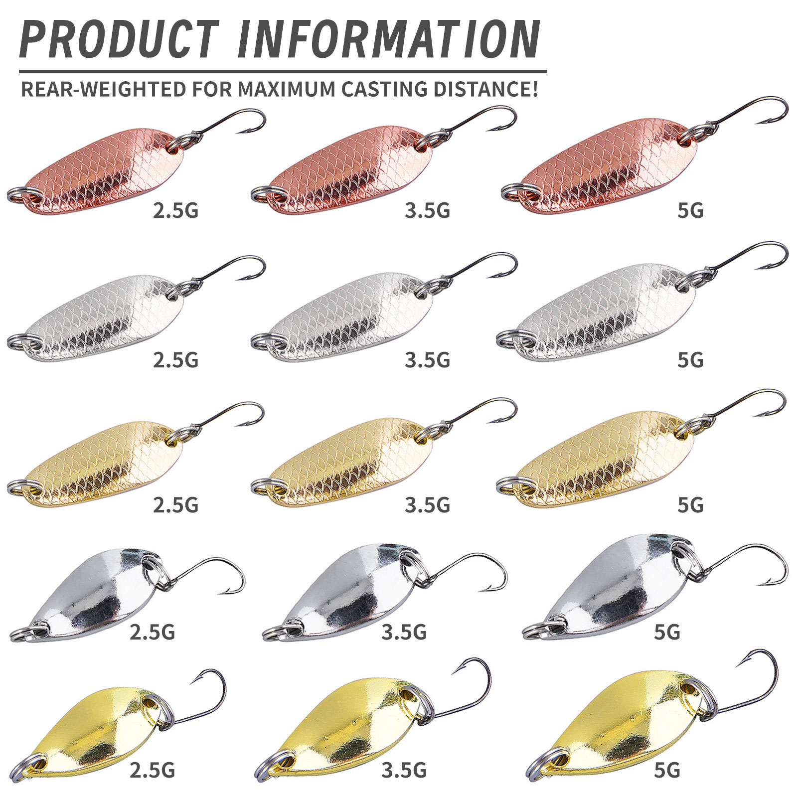 FREE FISHER Trout Fishing Spoon Lures,2.5g 3.5g 5g Mixed Metal Spinnerbaits Single Hook,Casting Spoon Hard Baits for Bass Perch(Pack of 15)