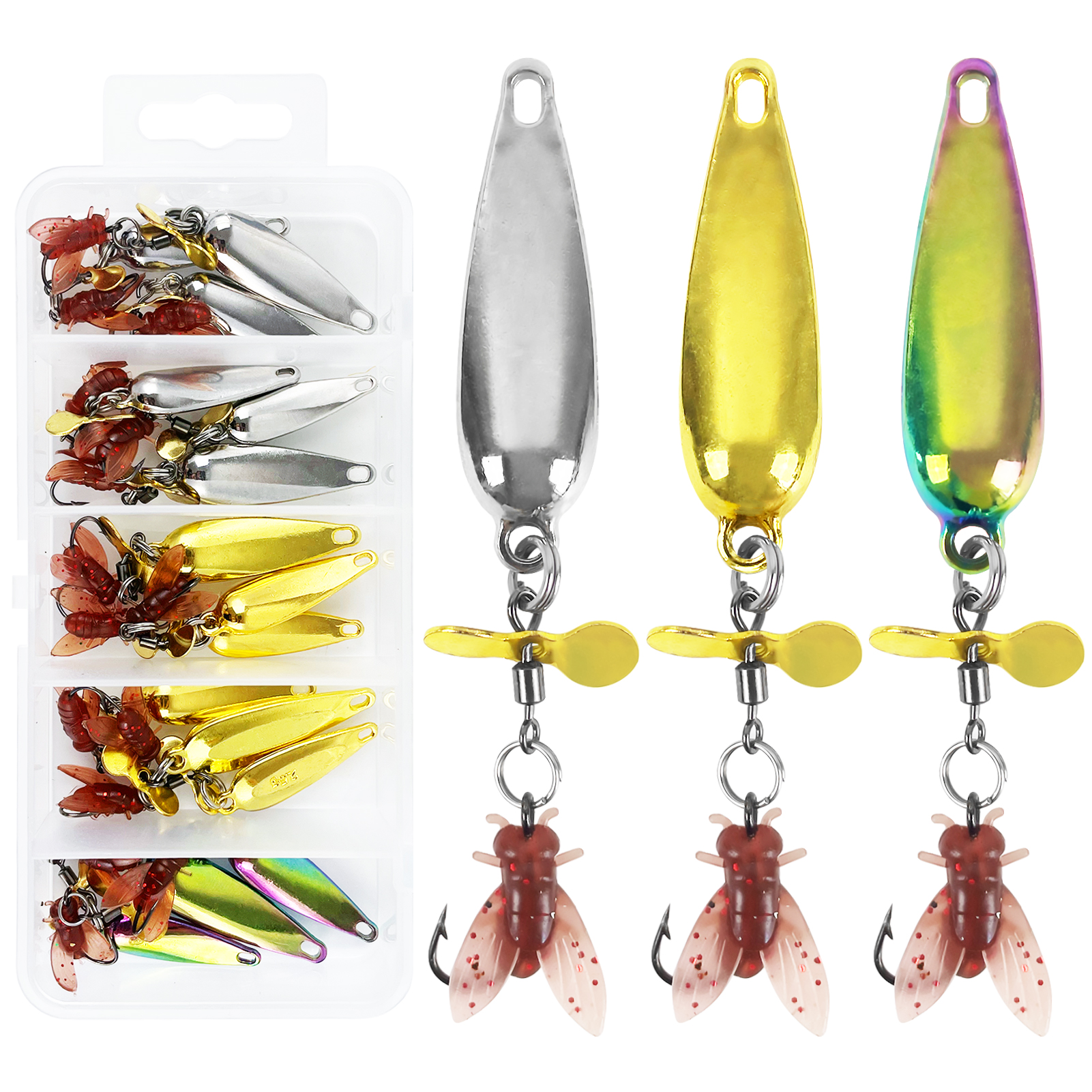 FREE FISHER Fishing Composite Spoon Baits,15pcs/Box Metal Bladed Spinnerbaits,Casting Rotation Spoons Soft Flies Spinner Lures