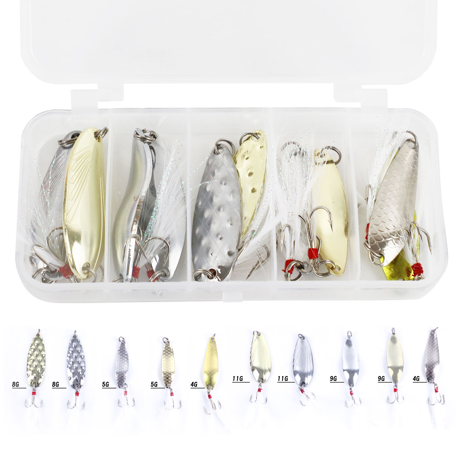 FREE FISHER Fishing Artificial VIB Lures,Spoons Metal Jigs Bait,5-20g MIxed Size Fish Lures with Treble Hook for Trout Pike Bass(Pack of 10)
