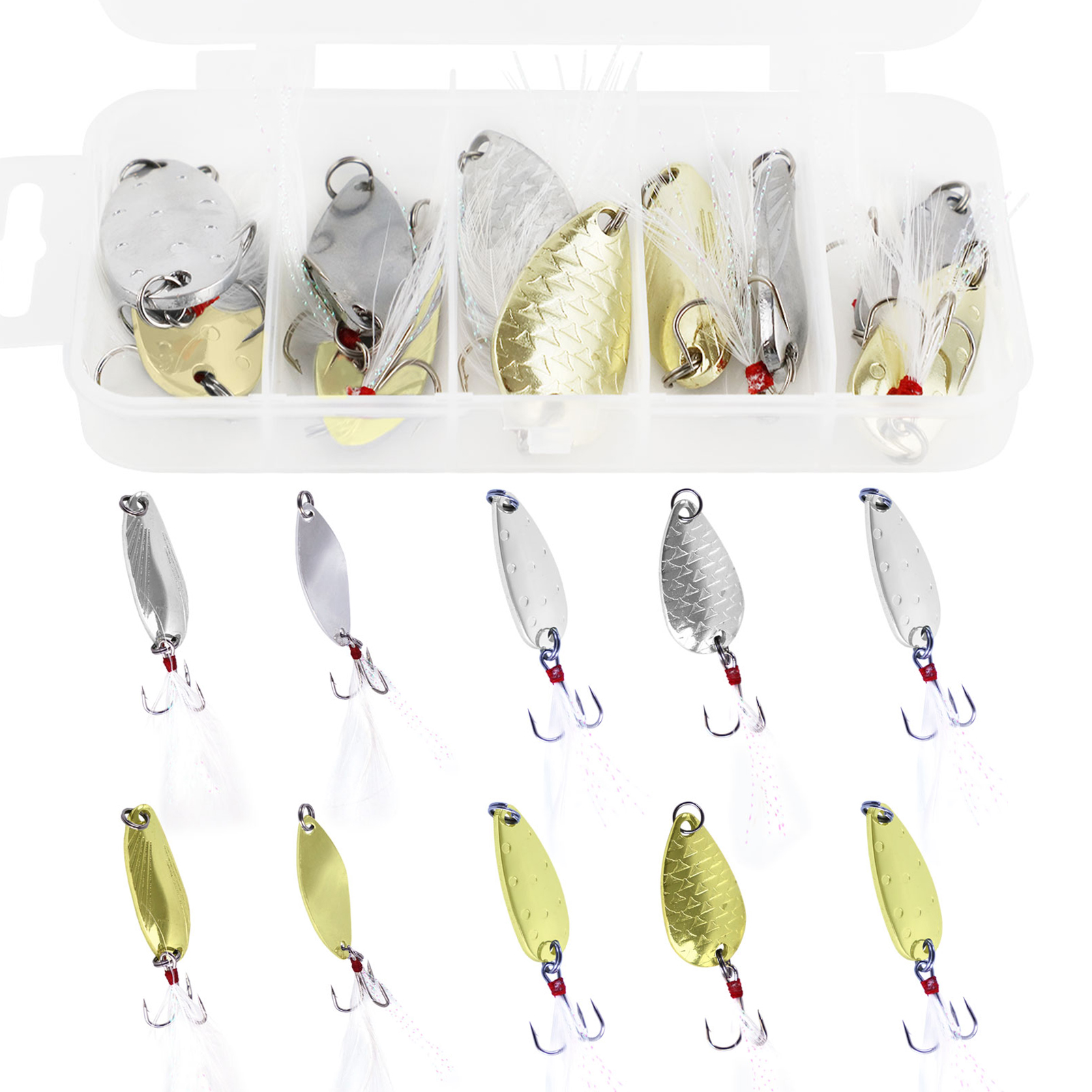 FREE FISHER Fishing Artificial VIB Lures,Spoons Metal Jigs Bait,5-20g MIxed Size Fish Lures with Treble Hook for Trout Pike Bass(Pack of 10)