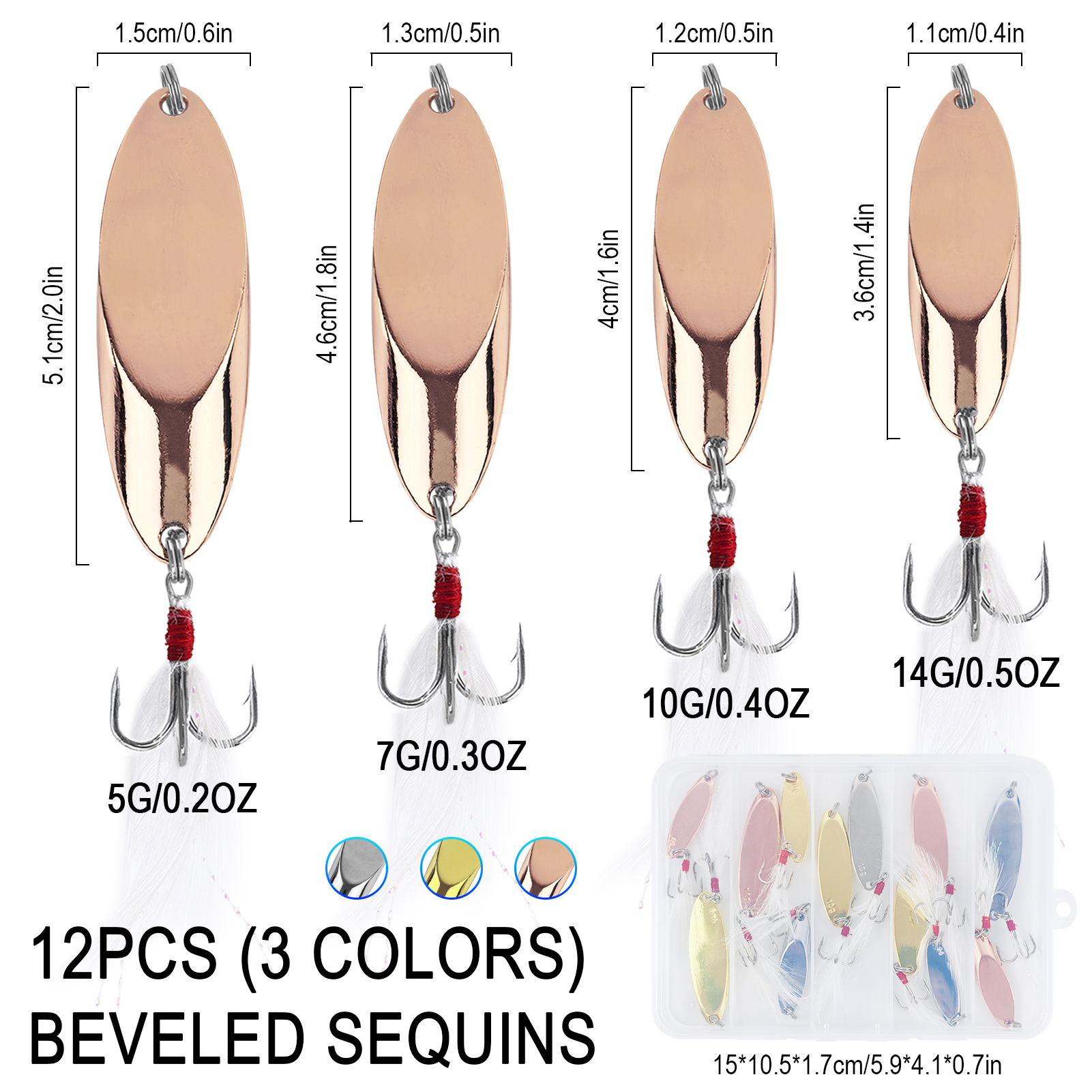 FREE FISHER Trout Fishing Spoon Lures Kit,12pcs/Box Metal Sequins Artificial Bait,Casting Noise Paillette Spinner Lures Feather Hooks