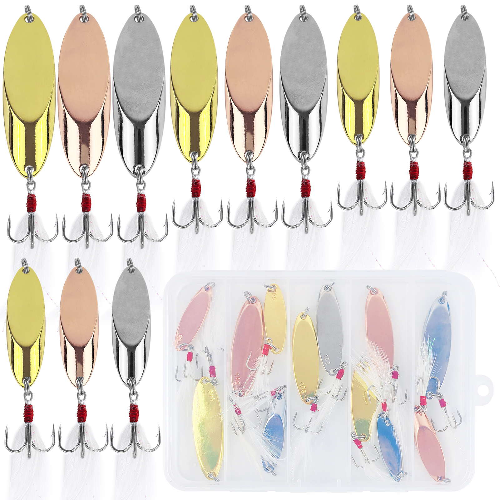 FREE FISHER Trout Fishing Spoon Lures Kit,12pcs/Box Metal Sequins Artificial Bait,Casting Noise Paillette Spinner Lures Feather Hooks