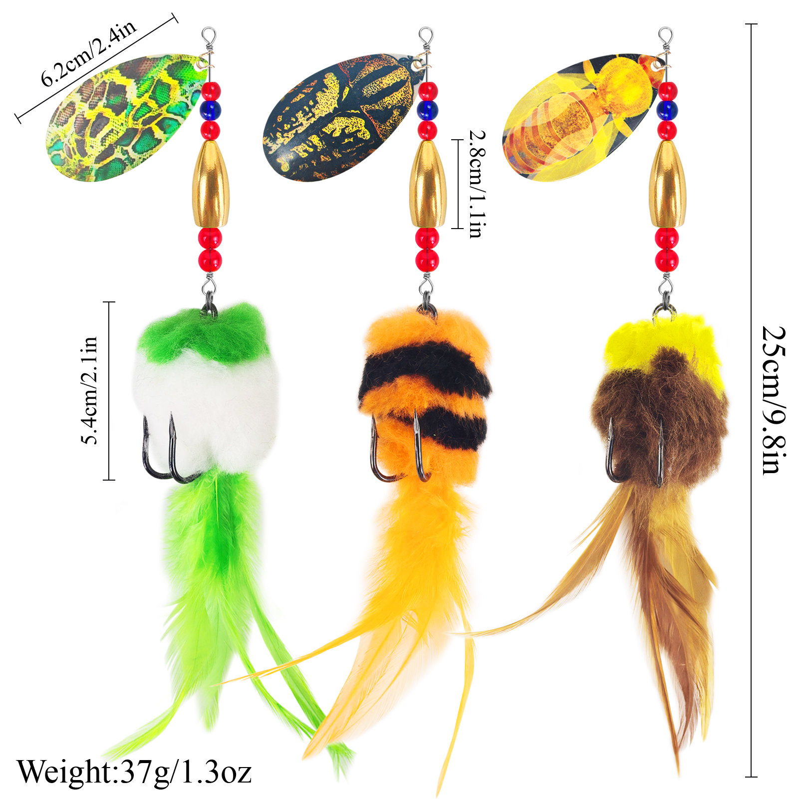 FREE FISHER 3pcs/Lot Rooster Tail Fishing Lures,37g 23cm Metal Spinnerbait Feather Hook,18cm 16.5g Spinner Spoon Lures for Bass Musky Pike,Fishing Tackle Box