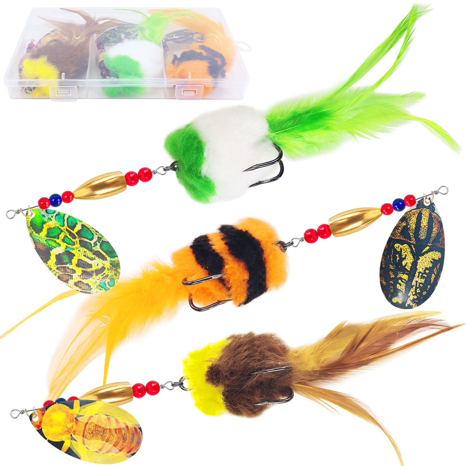 FREE FISHER 3pcs/Lot Rooster Tail Fishing Lures,37g 23cm Metal Spinnerbait Feather Hook,18cm 16.5g Spinner Spoon Lures for Bass Musky Pike,Fishing Tackle Box