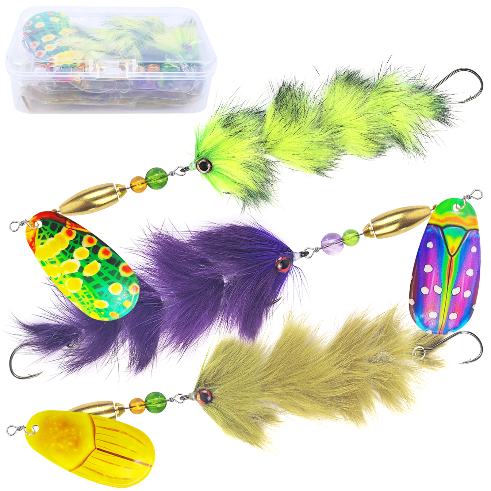 FREE FISHER 3pcs/Lot Rooster Tail Fishing Lures,37g 23cm Metal Spinnerbait Feather Hook,18cm 16.5g Spinner Spoon Lures for Bass Musky Pike,Fishing Tackle Box