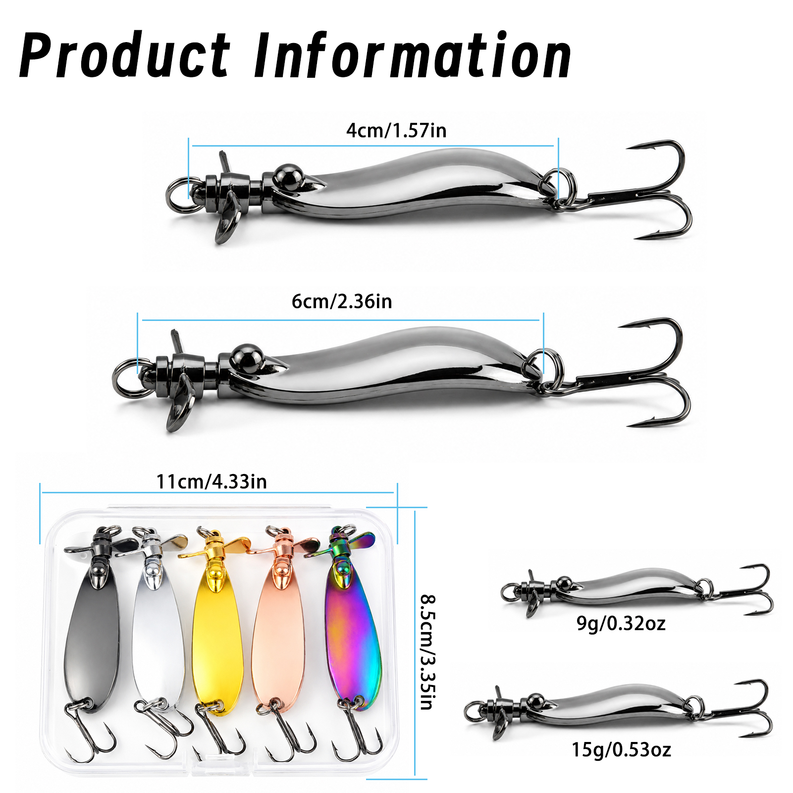 FREE FISHER 5pcs/Box Fishing Spoon Lures Kit,9g 4cm /15g 6cm Metal Blade Spinnerbaits,Zinc Alloy Propeller Noise Sinking Sequin Baits