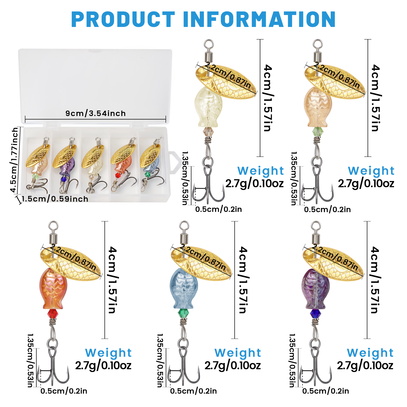FREE FISHER 5pcs/Box Metal Blade Rotating Spinnerbaits,4cm 2.7g Fishing Spinner Lure,Bionic Fish Treble Hook Bait for Bass Trout