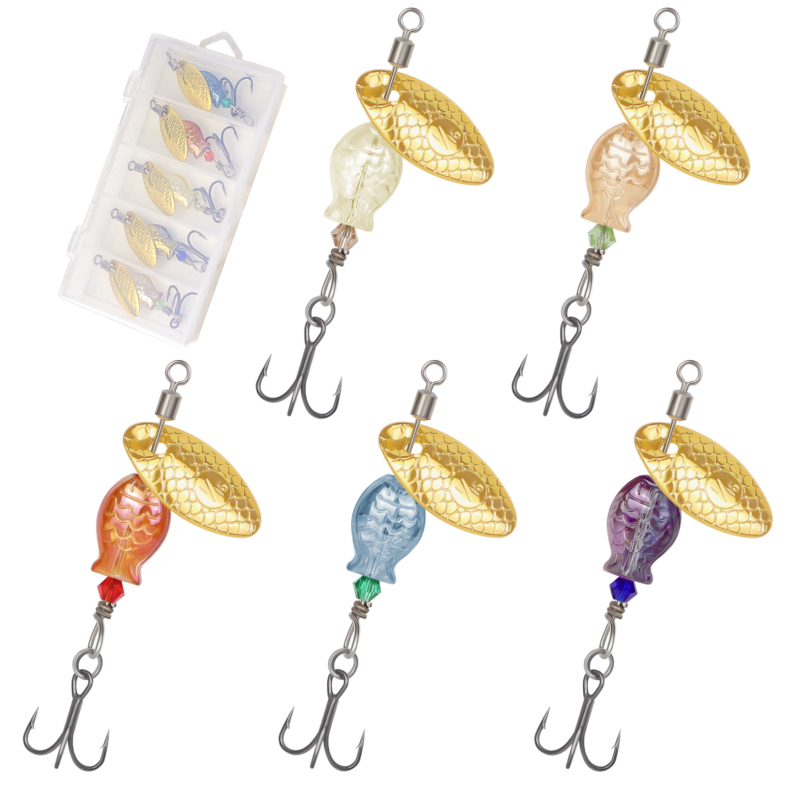 FREE FISHER 5pcs/Box Metal Blade Rotating Spinnerbaits,4cm 2.7g Fishing Spinner Lure,Bionic Fish Treble Hook Bait for Bass Trout