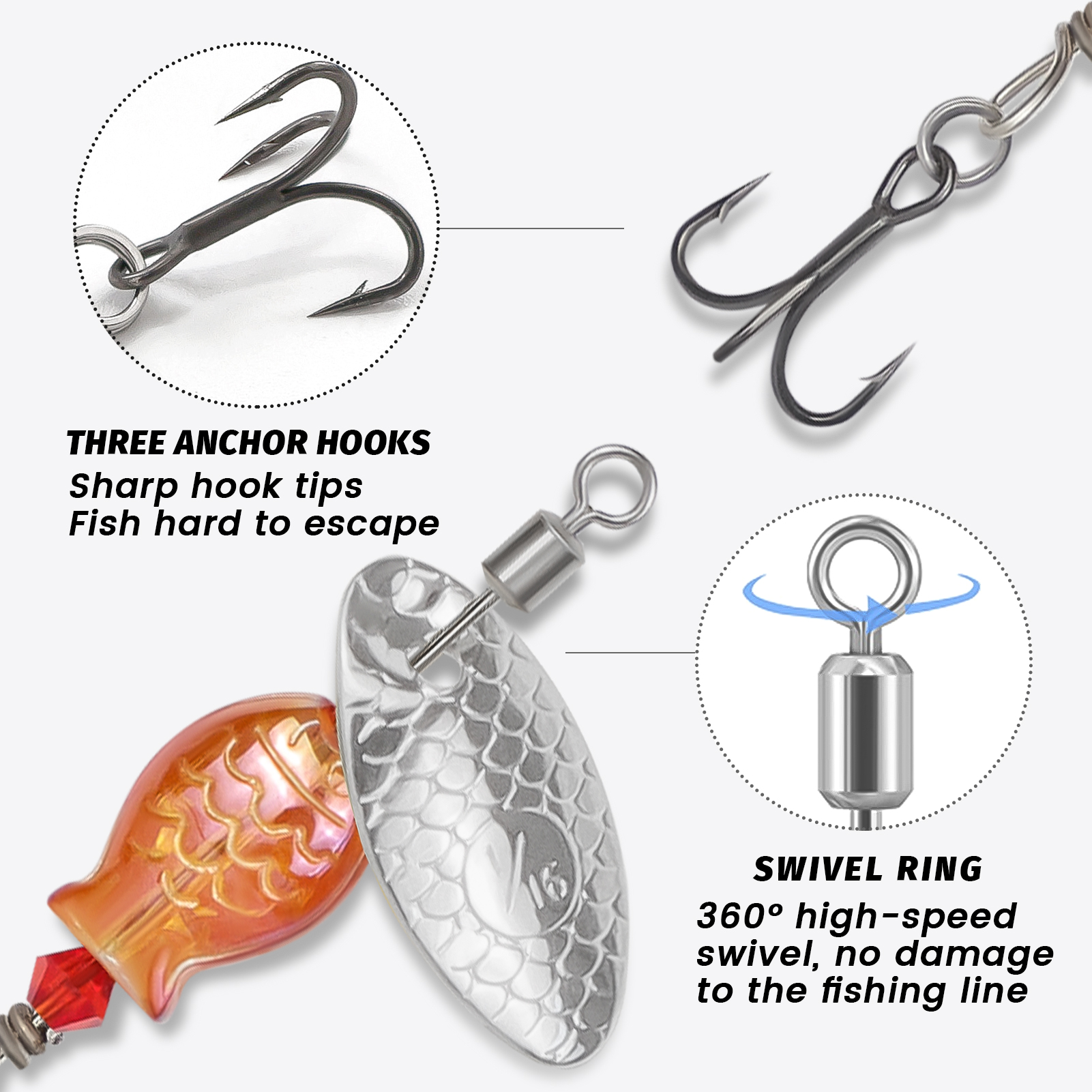 FREE FISHER 5pcs/Box Metal Blade Rotating Spinnerbaits,4cm 2.7g Fishing Spinner Lure,Bionic Fish Treble Hook Bait for Bass Trout