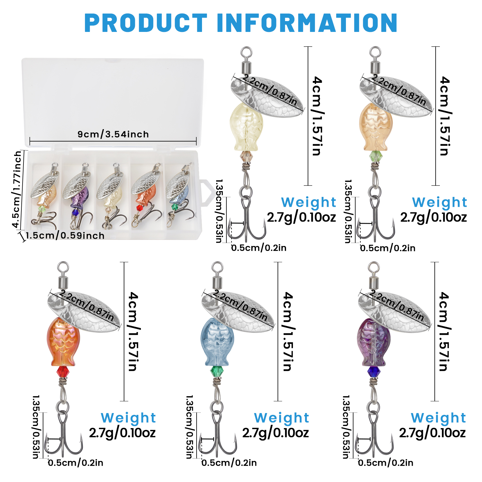FREE FISHER 5pcs/Box Metal Blade Rotating Spinnerbaits,4cm 2.7g Fishing Spinner Lure,Bionic Fish Treble Hook Bait for Bass Trout