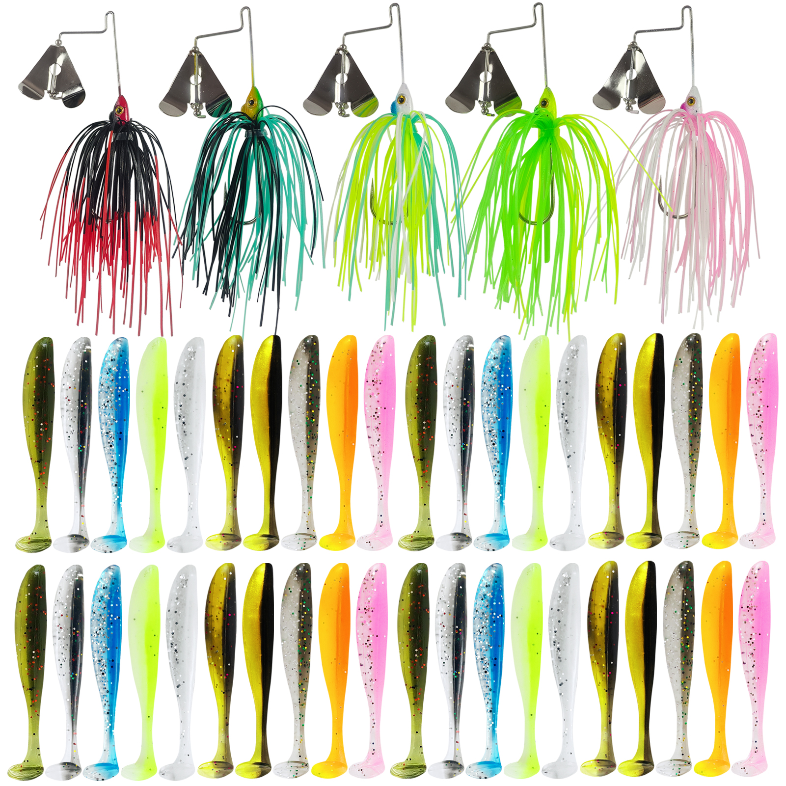 FREE FISHER 106pcs/Lot Fishing Buzzbaits,Metal Spinnerbaits Rotating Bladed,Artificial Baits Soft Lures,Paddle Tail Swimbaits 