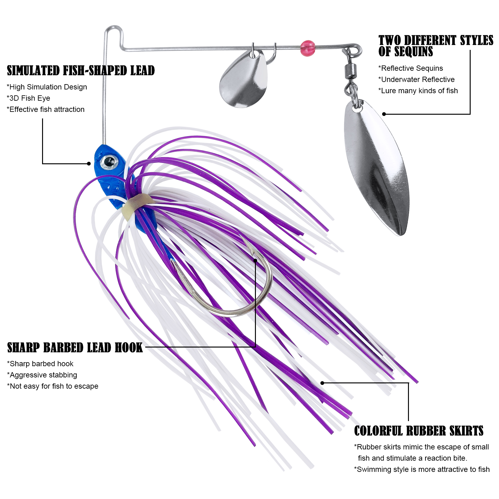 FREE FISHER Fishing Spinnerbaits with Rubber Skirts,5.5cm 12.5g Metal Glitter Sequins Lures,Jig Head Hooks,Simulation Buzzbaits