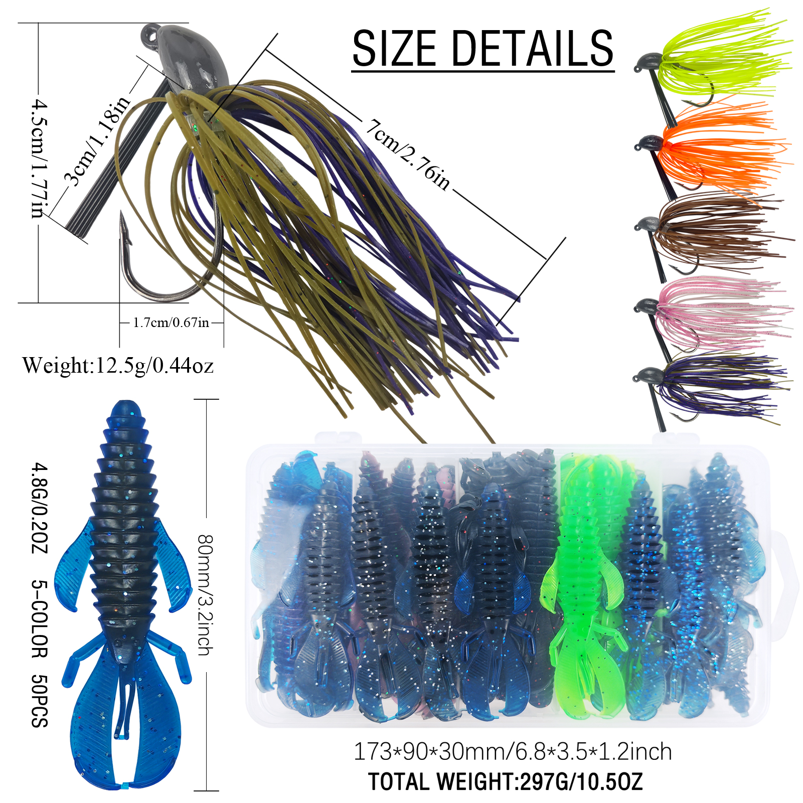 FREE FISHER 56pcs/Lot Blade Jig Bass Fishing Lure with Weed Guard,4.5cm/12.5g Jigs Baits with Soft Bobby Fatty Craw,Grub Shrimps