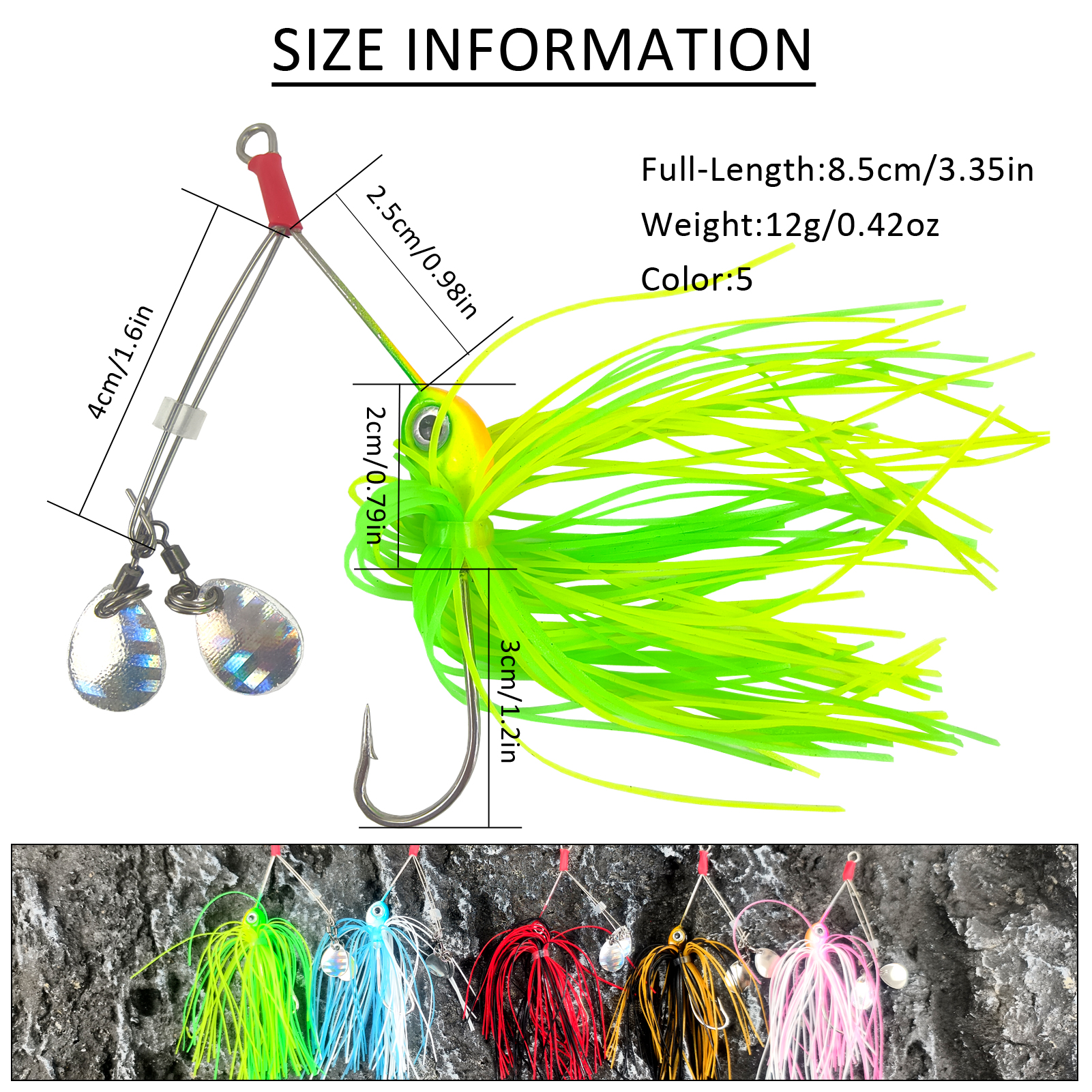 FREE FISHER 5pcs/Lot Micro Sequins Fishing Spinnerbaits,8.5cm/12g Metal Double Bladed Buzzbaits,Rubber Skirts Jig Head Hooks for Bass