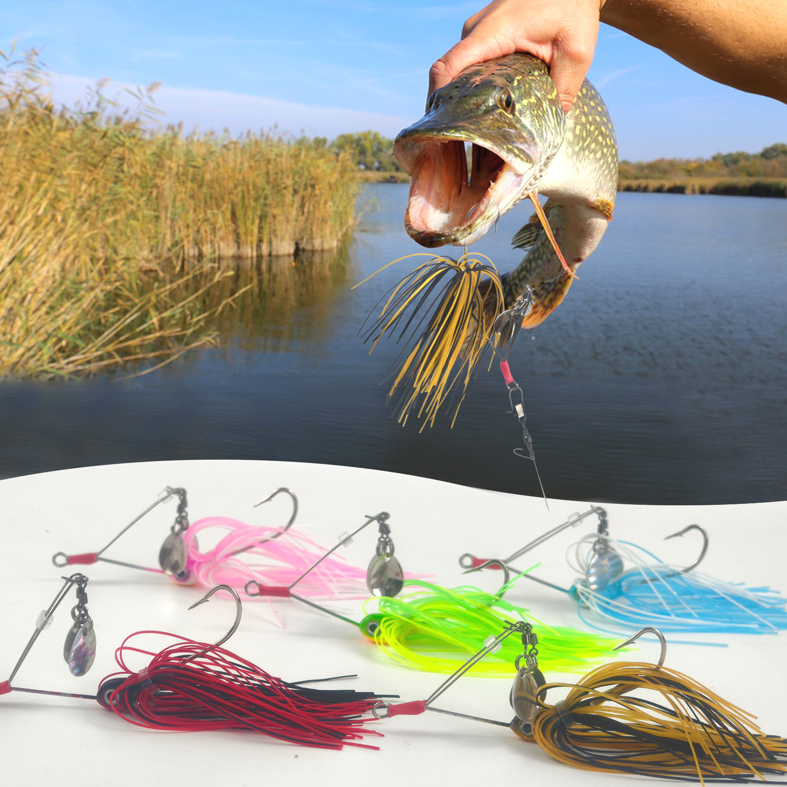 FREE FISHER 5pcs/Lot Micro Sequins Fishing Spinnerbaits,8.5cm/12g Metal Double Bladed Buzzbaits,Rubber Skirts Jig Head Hooks for Bass