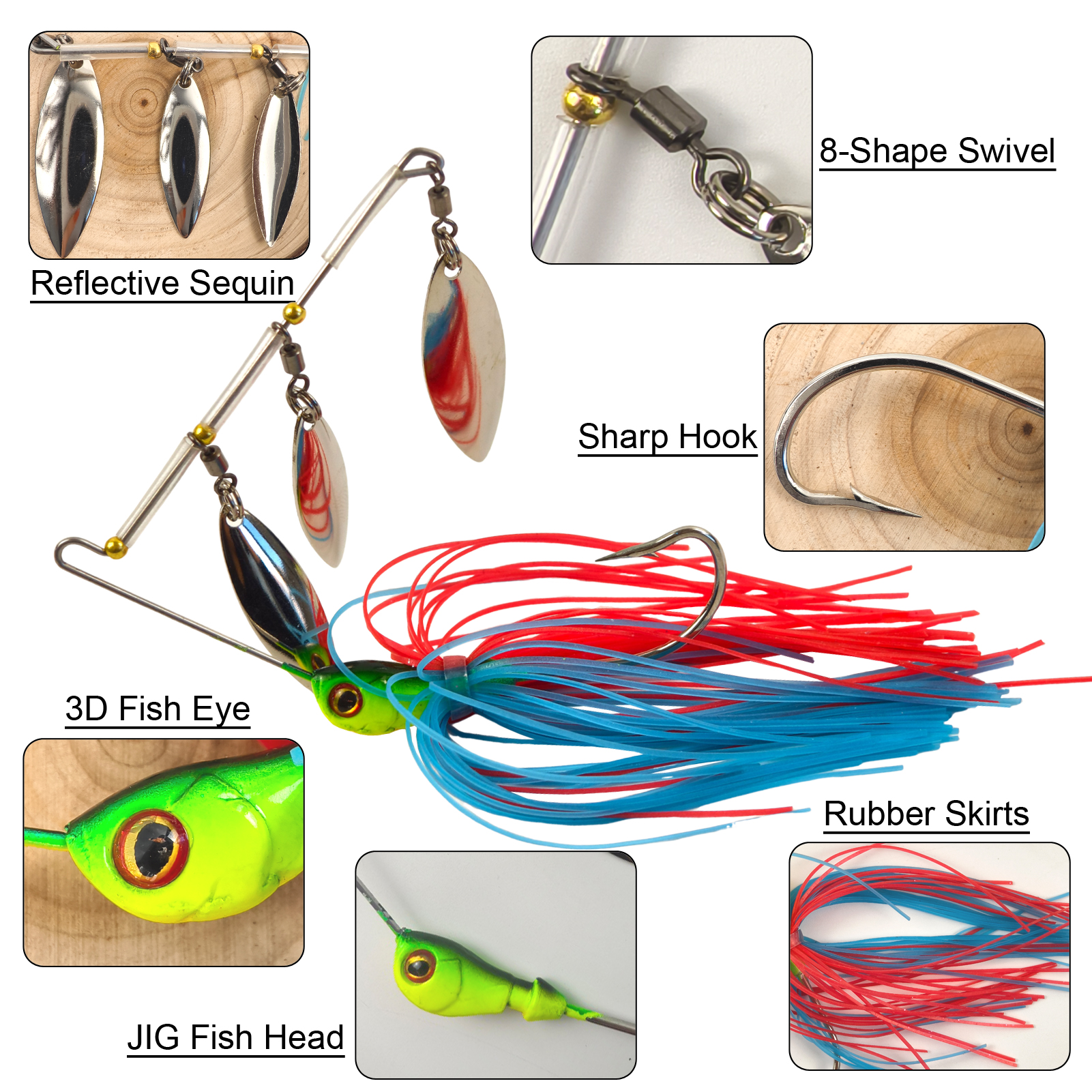 FREE FISHER 5pcs/Lot Fishing Spinnerbaits,8.7cm/17.3g Metal Bladed Buzzbaits,3-Sequin Jig Head Hook with Skirts,Bass Fishing Lure